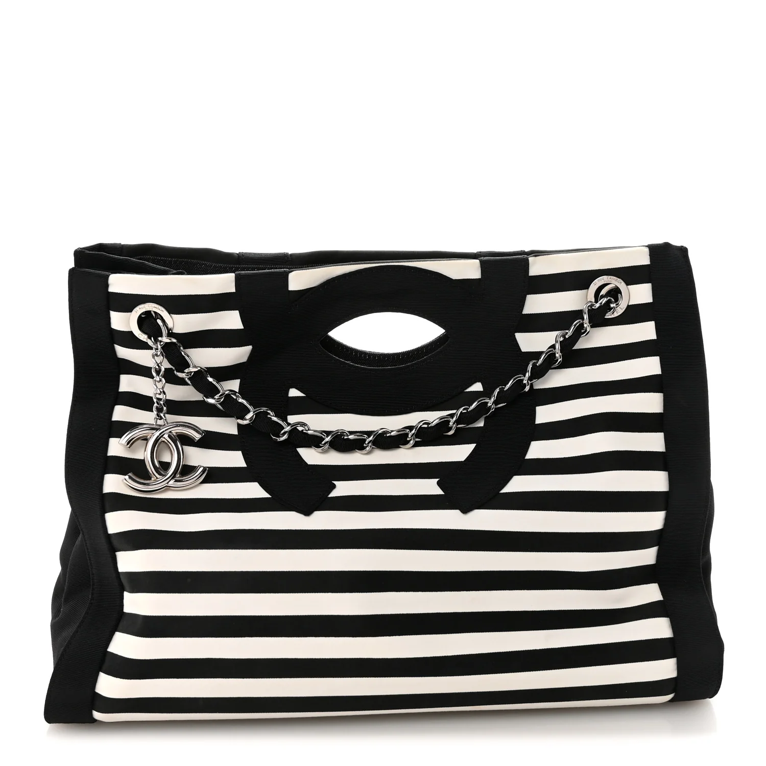 Canvas Grosgrain Striped CC Shopping Tote Black White