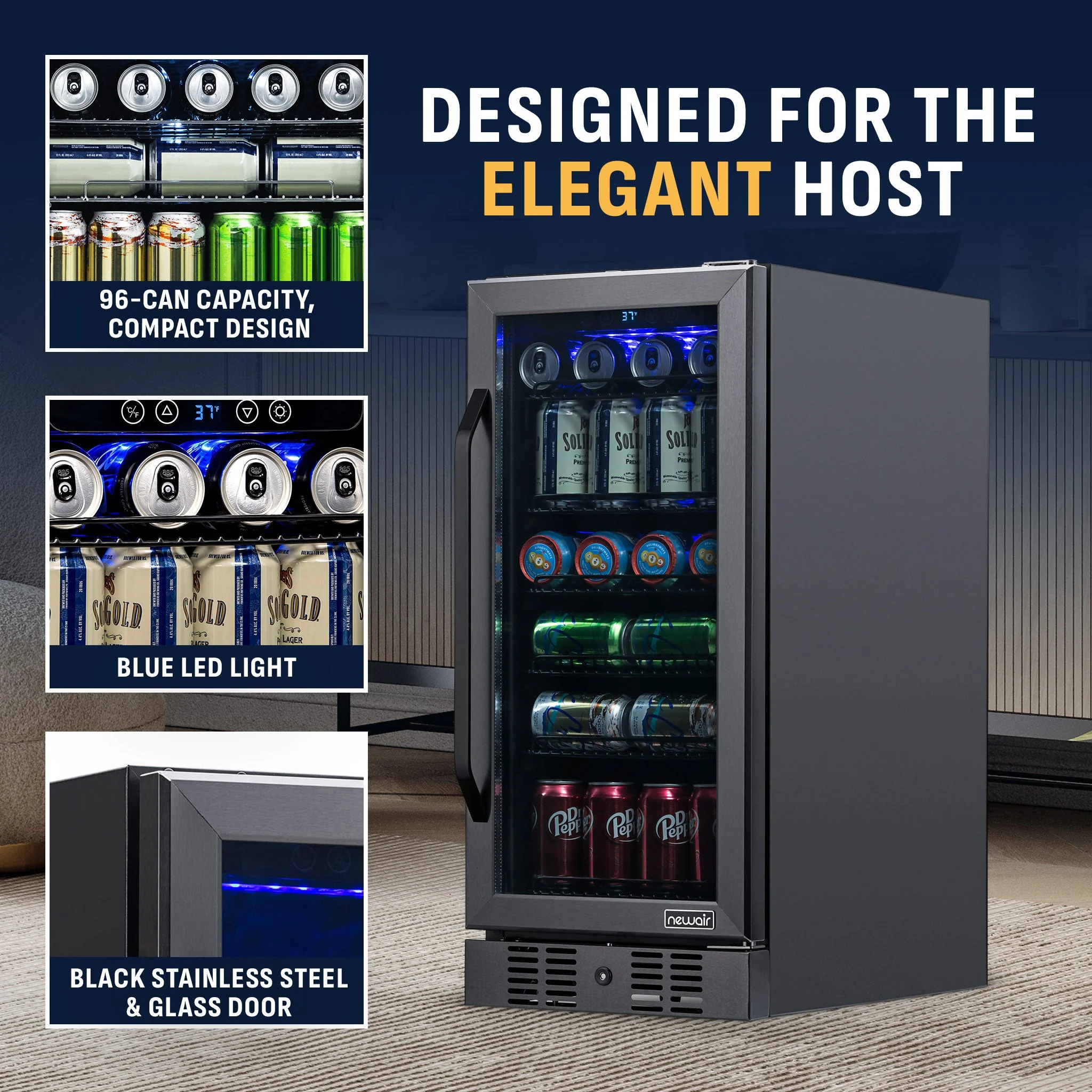 Newair 96-Can Built-In Black Beverage Fridge - 15