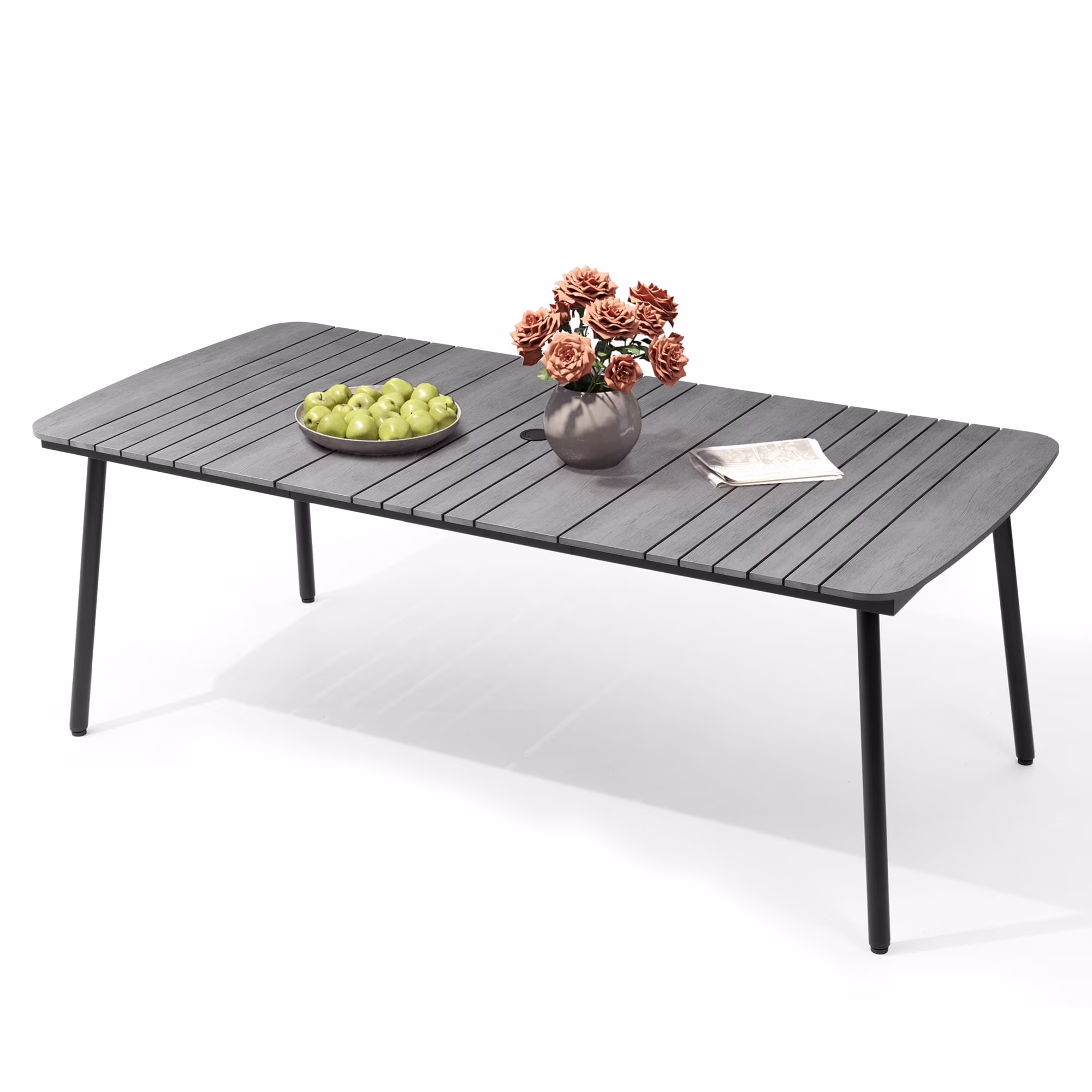 93" Outdoor Dining Table for 8–10 People, Patio Rectangle Table with Wood Like Tabletop and Umbrella Hole, Aluminum Frame for Garden, Lawn, or Backyard, Brown(92 9" x 42 1“ x 29 1“/Brown) Image 7
