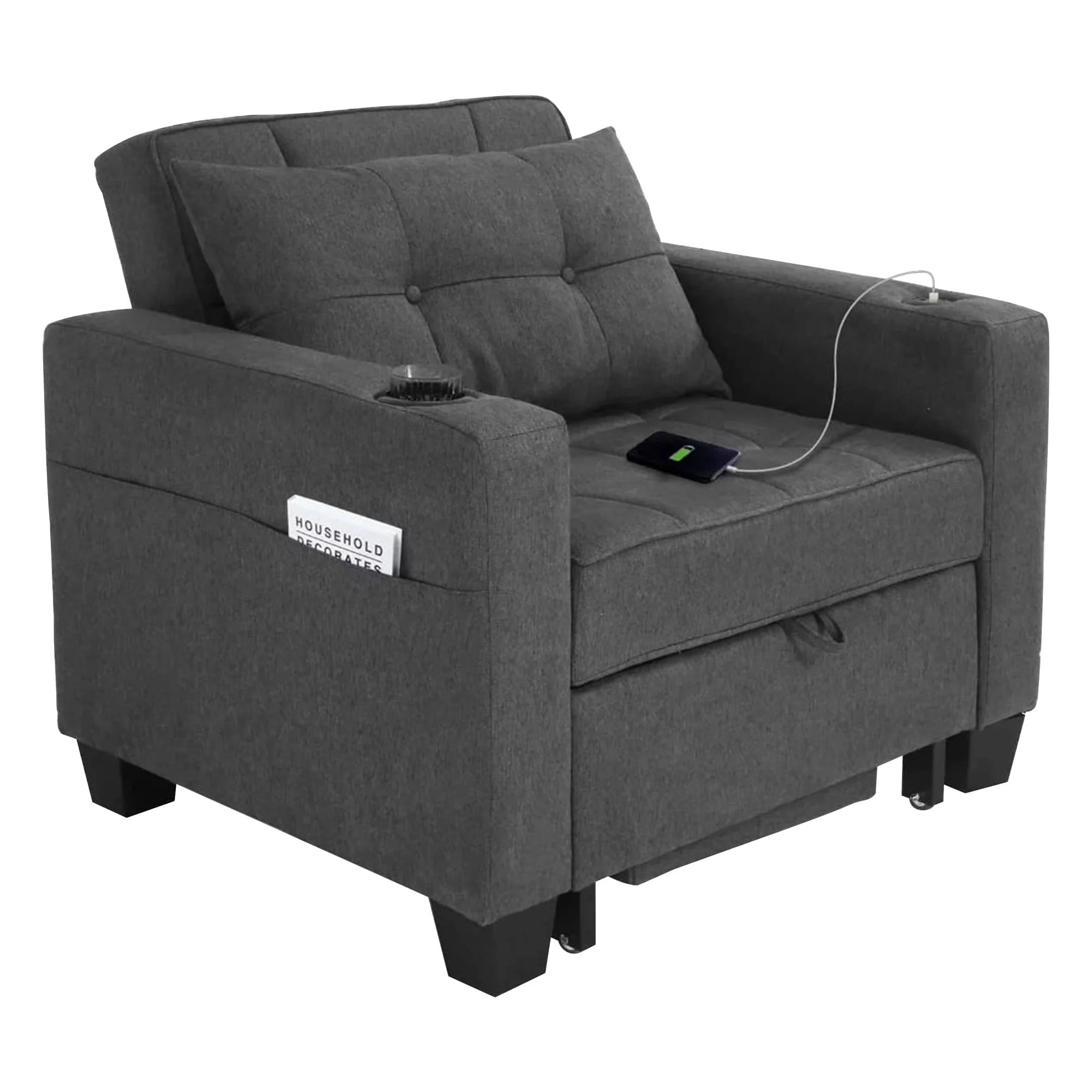 DURASPACE 3 in 1 Convertible Sleeper Chair Bed with Usb Port, Linen Pull Out Chair Indoor, Dark Gray(Faux Leather/Black Faux Leather) Image 10