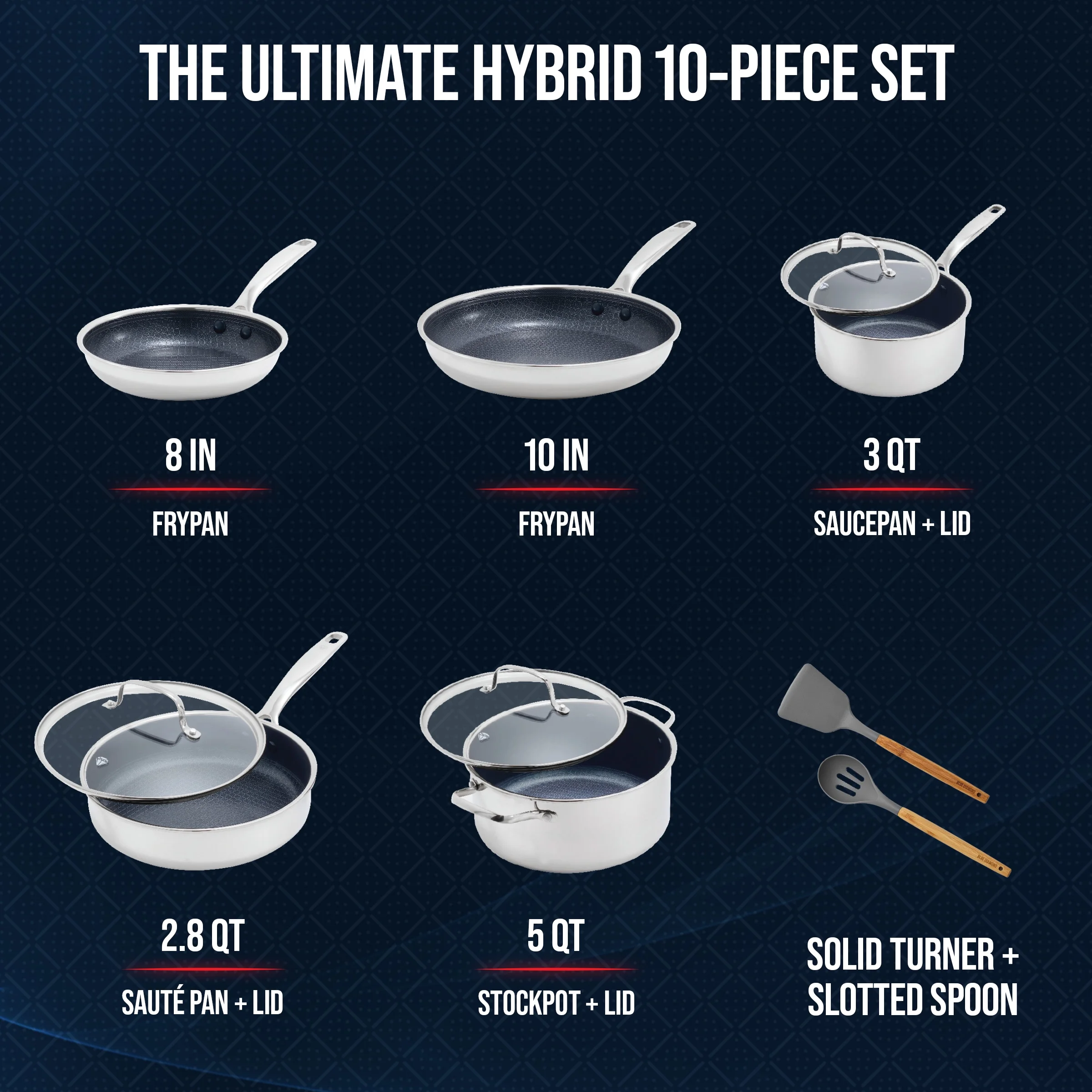Blue Diamond 10 - Piece Diamond - Bond Hybrid Ceramic Nonstick Stainless Steel Cookware Set, Dishwasher Safe