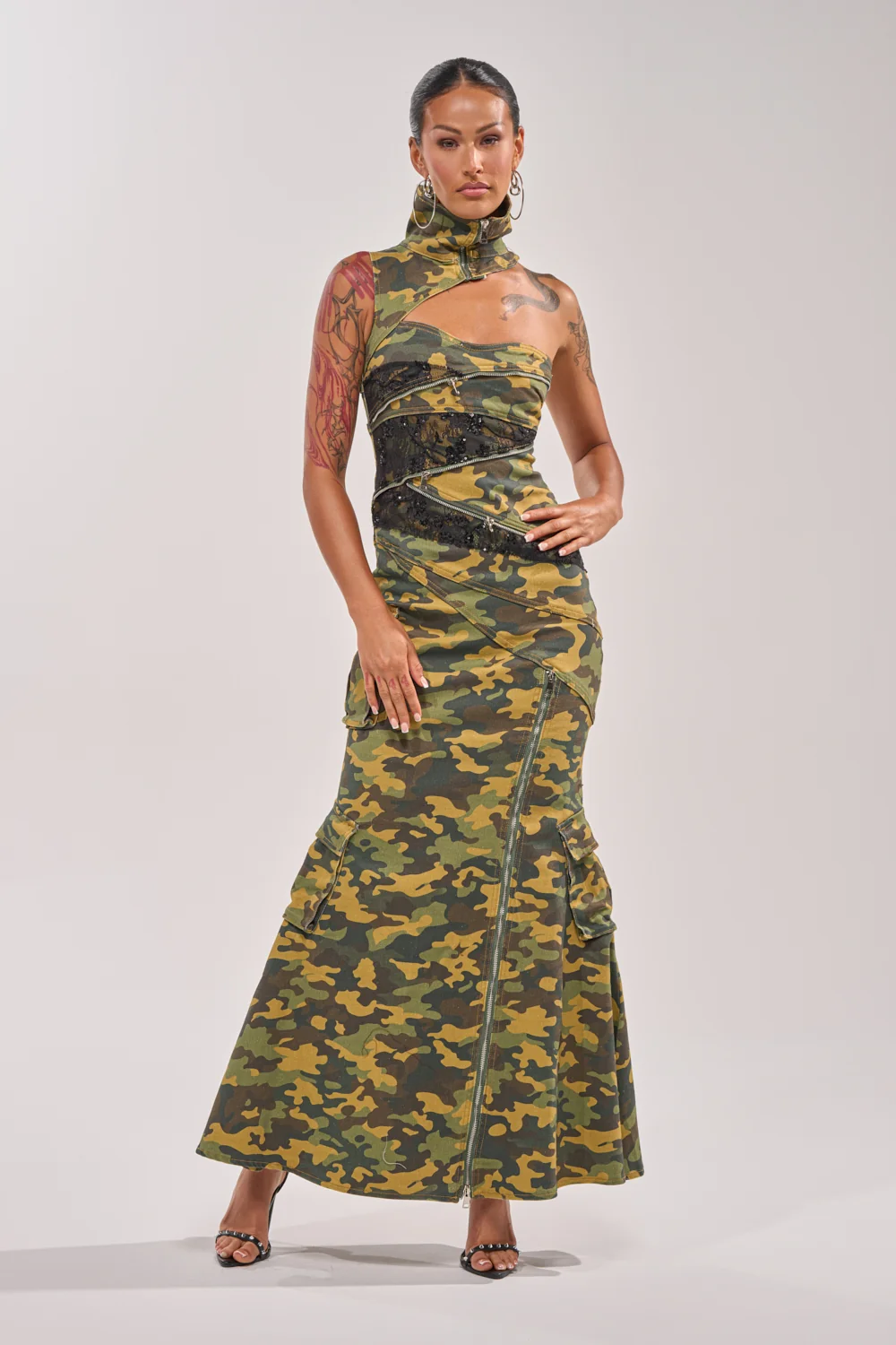FUSED TOGETHER MOCK NECK MAXI DRESS IN CAMO - Akira Store