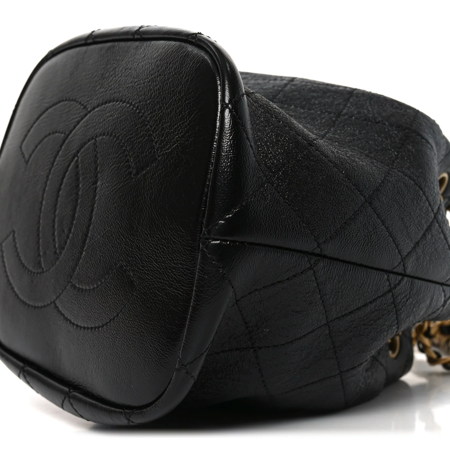 Shiny Lambskin Quilted Fashion Therapy Bucket Drawstring Bag Black
