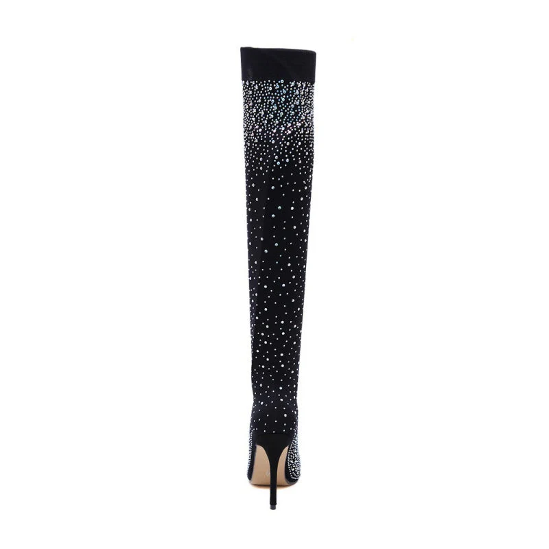 Bottes mi-cuisses étincelantes en faux diamant
