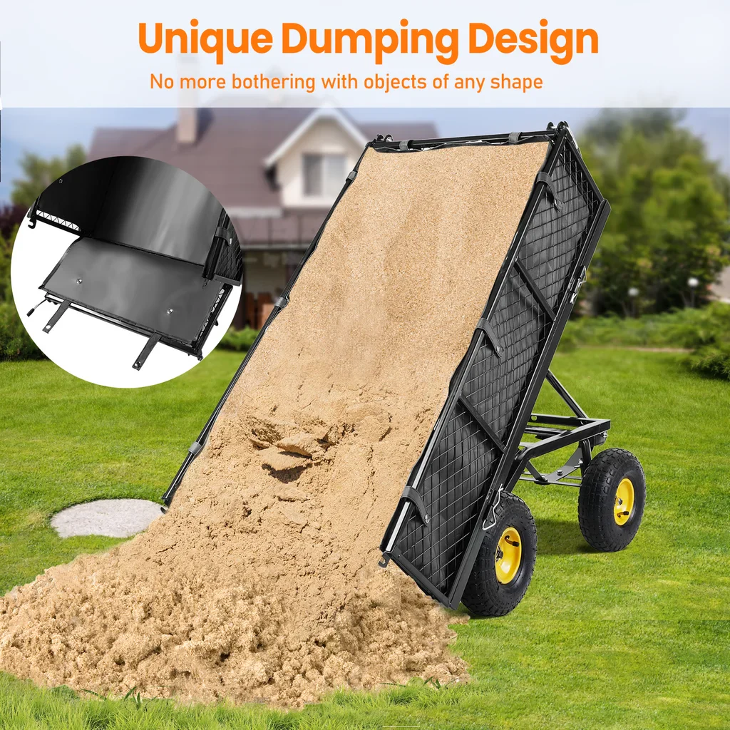 VECUKTY Heavy Duty Steel Dump Garden Cart with Liner, 900lbs Wagon 3 Cu ft 10 Wheel, Black