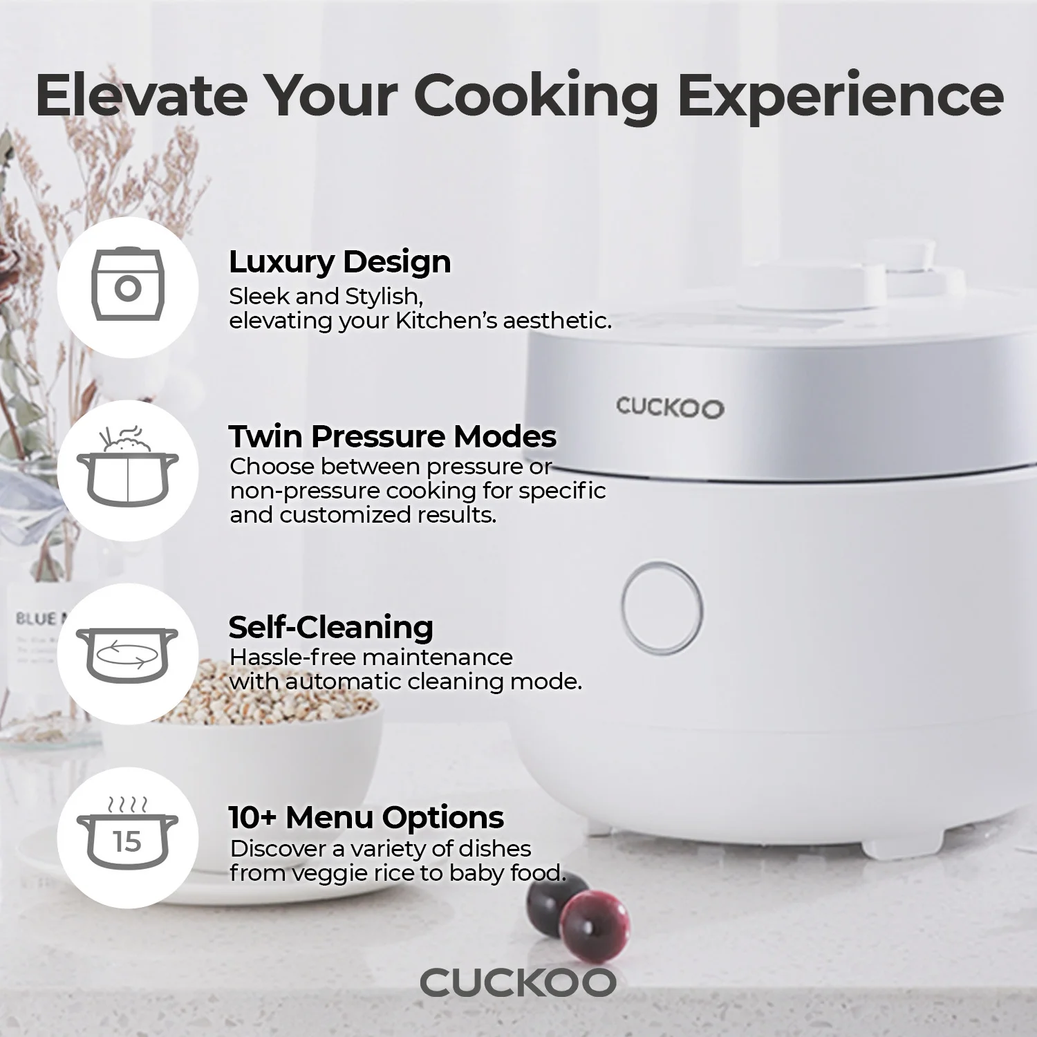 CUCKOO 3 - Cup Induction Heating Twin Pressure Rice Cooker, Nonstick Pot, 15 Cooking Modes, Voice Guide
