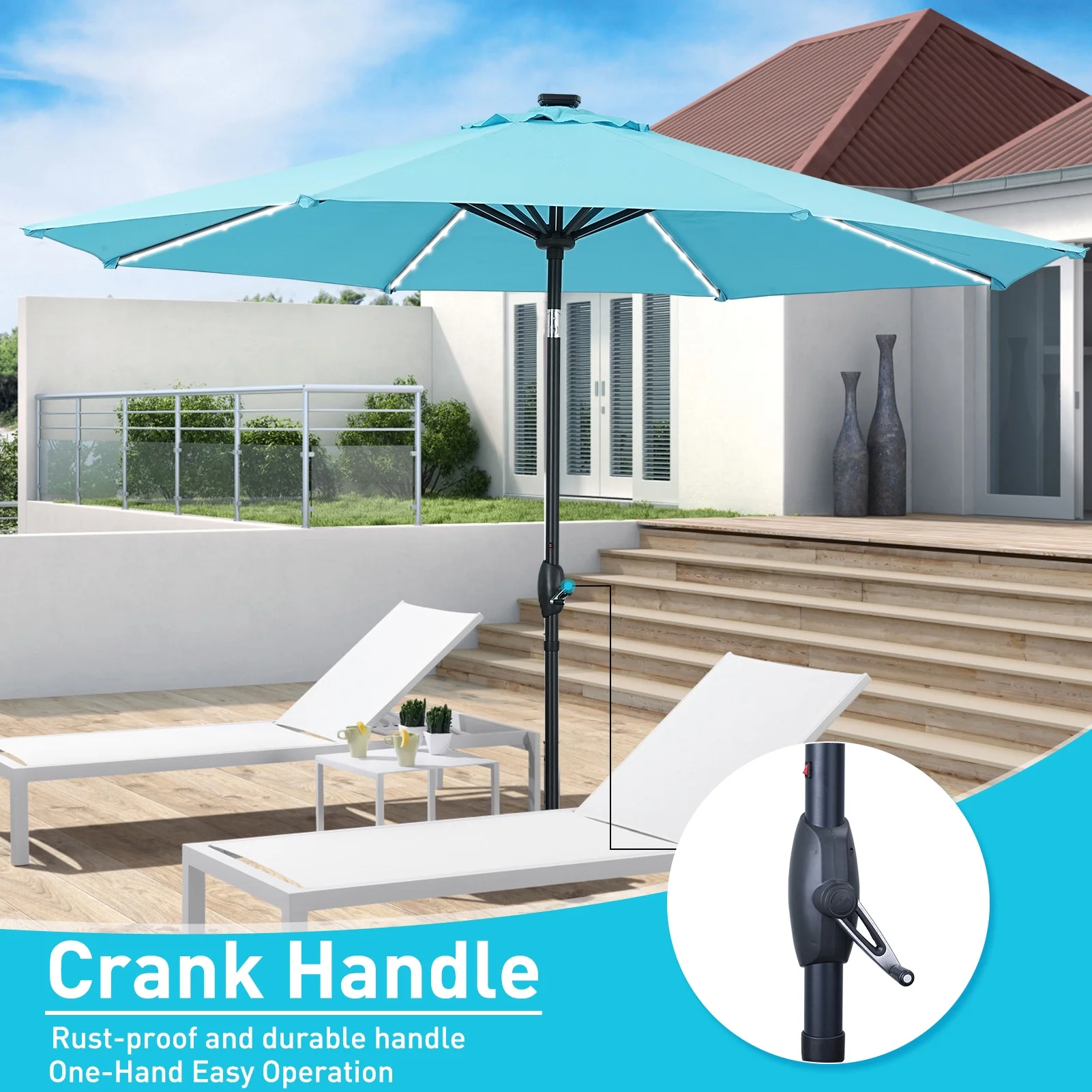 10 FT Solar LED Lighted Patio Umbrella with LED Table Umbrella with 8 LED Strip Lights, Fade-resistant Waterproof for Garden, Backyard, Poolside, Push Button Tilt (Blue)(Blue) - Image 6