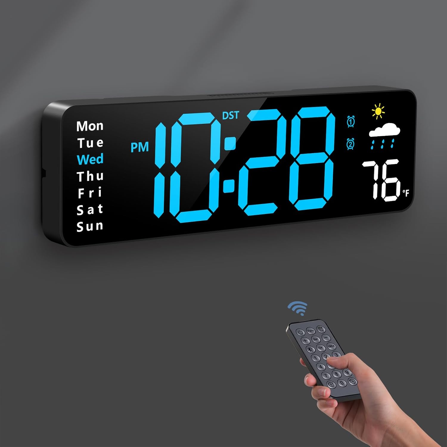 Digital Wall Clock, Digital Clock with Large Display and Remote Control, Corded LED Alarm Clocks with Date, Week, Temperature, Humidity, Auto DST, Countdown, for Living Room, Bedroom, Classroom, Office (Blue)