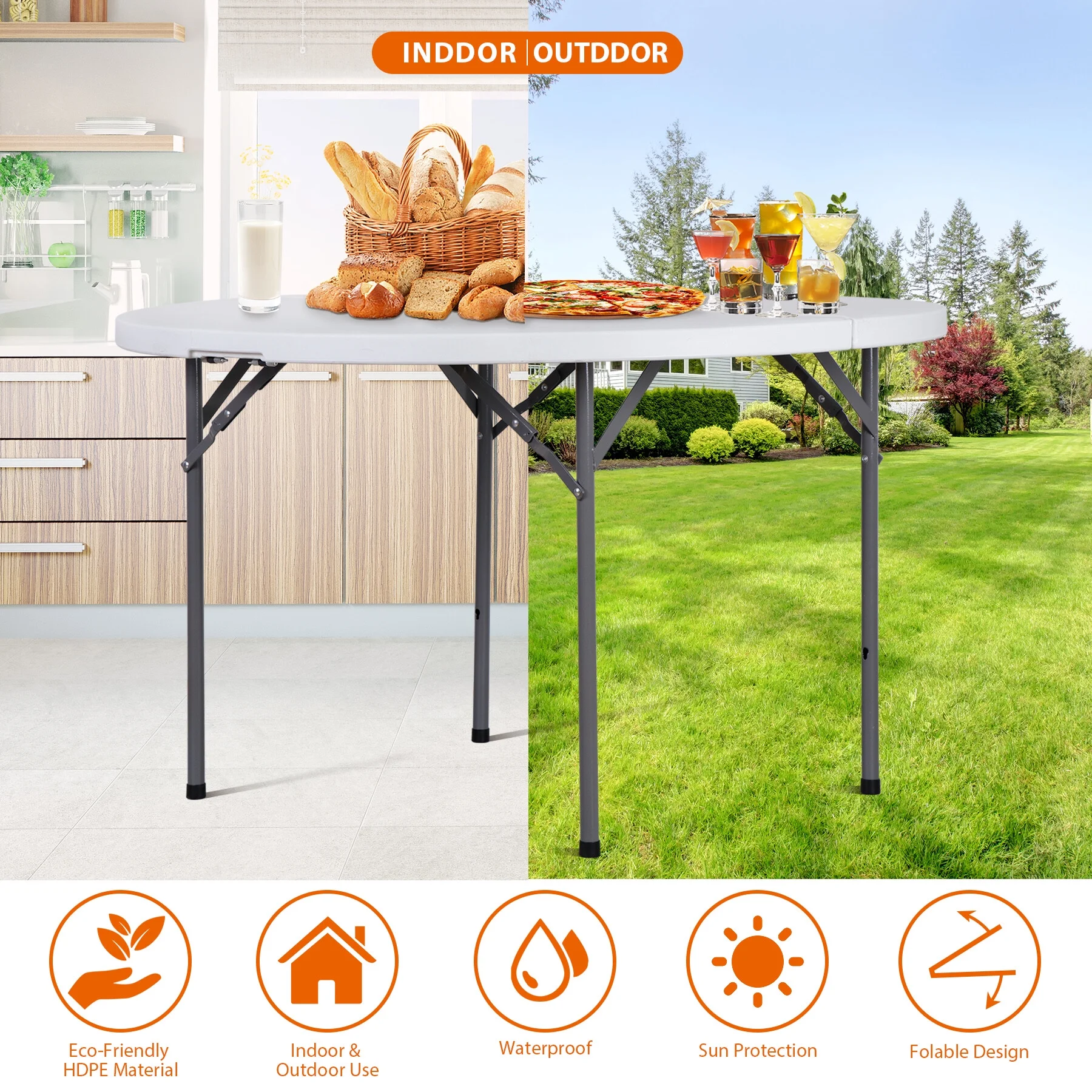 48" Round Bi-Folding Plastic Table Metal Legs Portable Dining Table with Handle Indoor Outdoor, White - Image 6