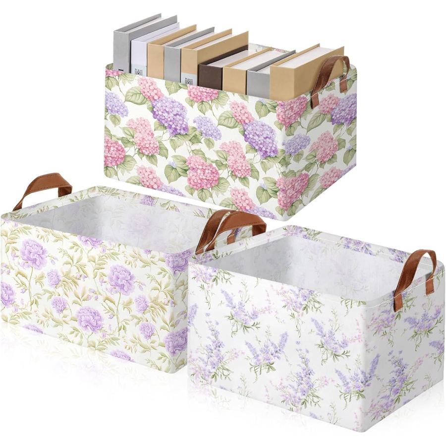 3 Count Purple Floral Storage Bin Wildflowers Collapsible Large Storage Baskets For Gifts Canvas Laundry Basket Foldable Box With Handle For