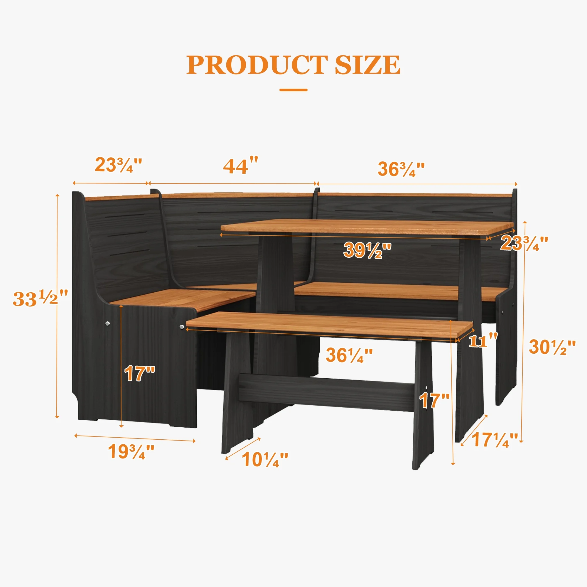 Breakfast Nook Kitchen Corner Dining Table Bench Chair Set, Space - Saving 3 - 4 Seat L - Shape Farmhouse Mid Century Modern Style for Family Home Black Wood