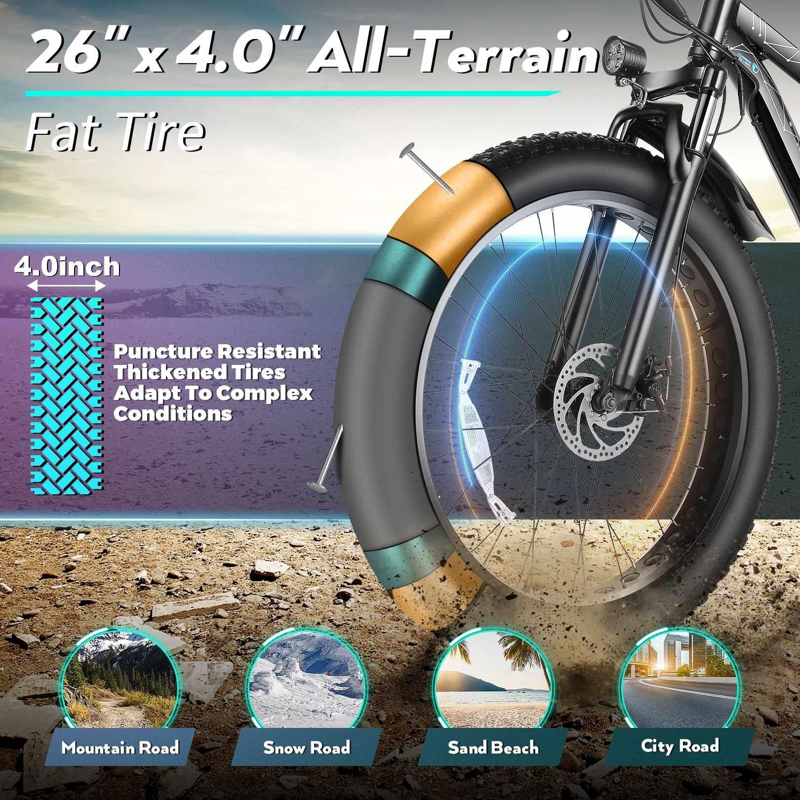 26" 4 0 Fat Tire Electric Bike for Adults, 500W Adults E Bike, 48V 13Ah Removable Li Ion Battery, Professional 7 Speed, Electric Mountain Bicycle Beach Bike Snow Bike Ebike for Men Image 5