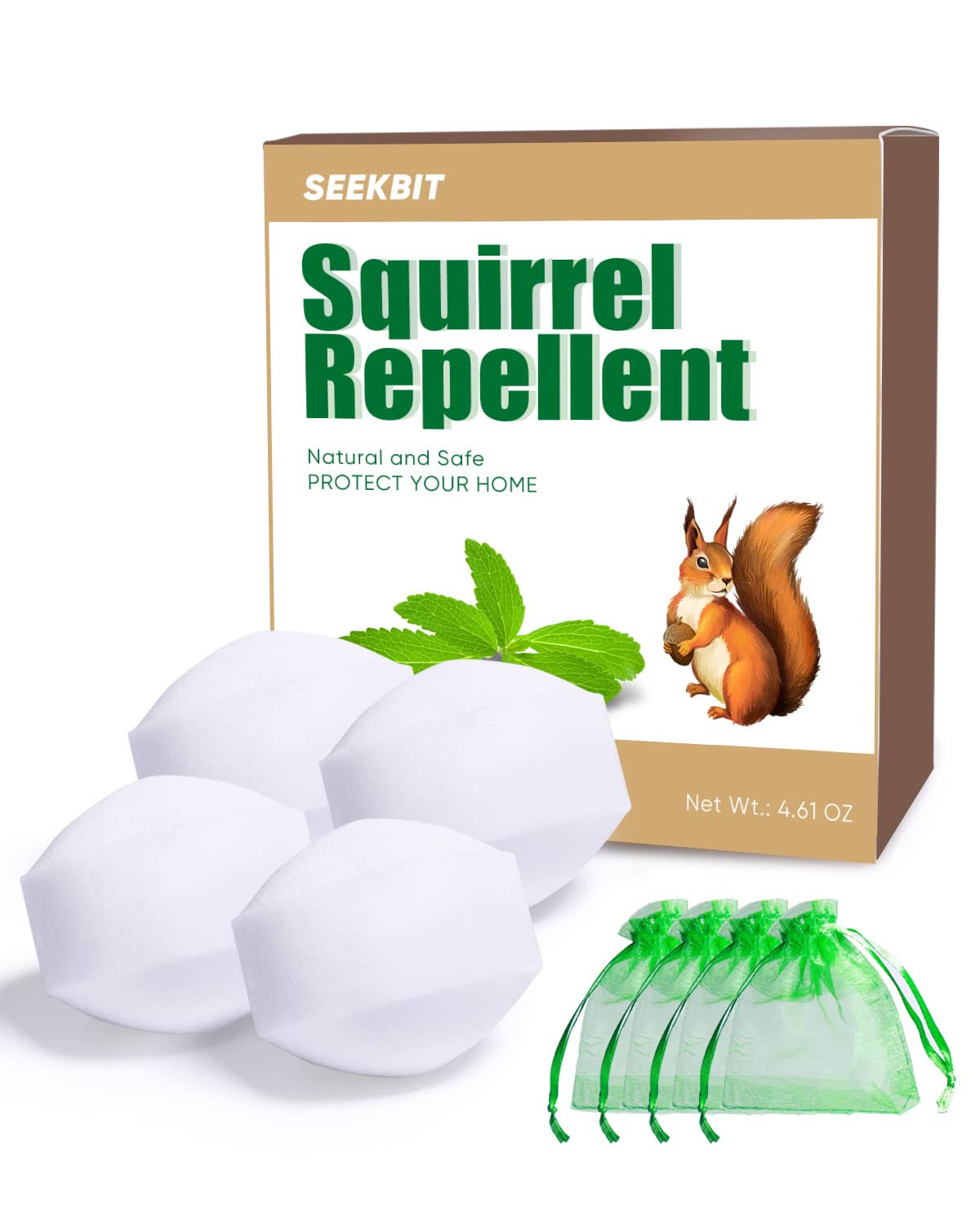 SEEKBIT 4 Pack Squirrel Repellent, Peppermint Garlic Keep Squirrel Out of Attic, Car, Engines, Roof, Outdoor Squirrel Deterrent Repels Chipmunk