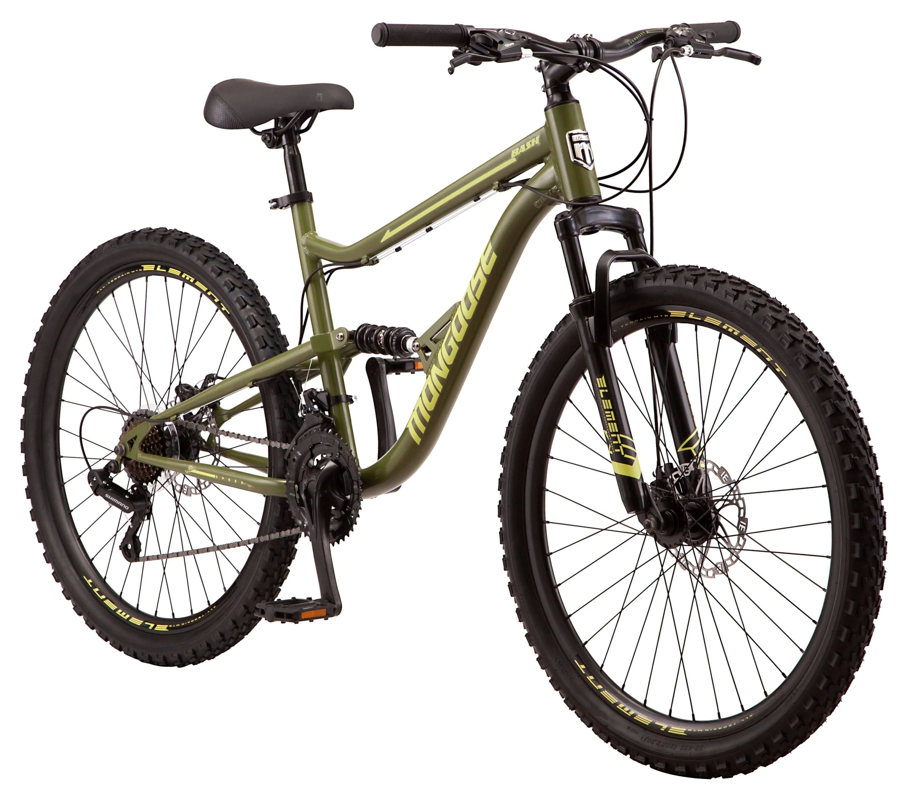 Mongoose Bash Suspension Mountain Bike, 21 Speeds, 26 - Inch Wheels, Green