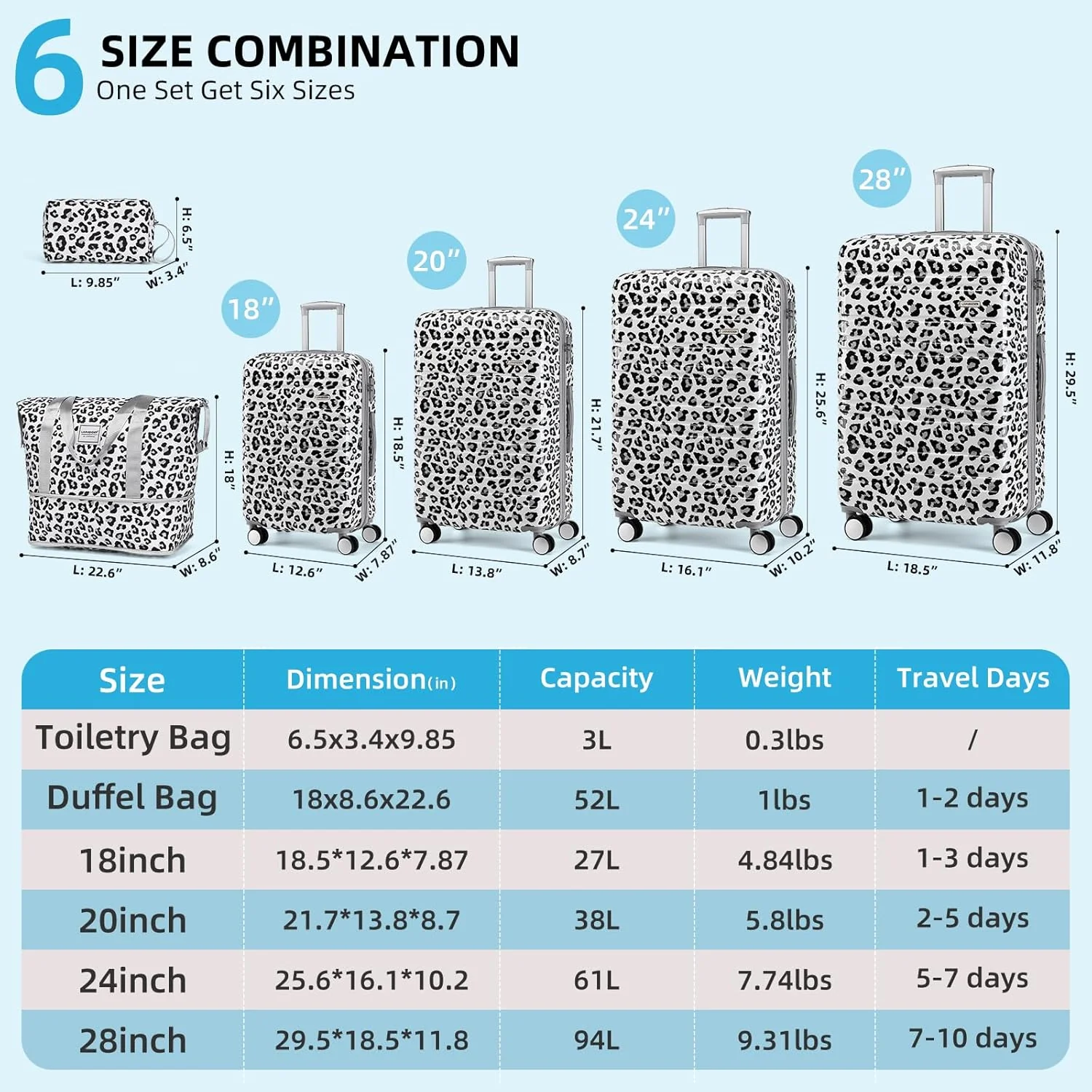 Ensemble de 6 valises, ensemble de valises rigides extensibles avec roulettes multidirectionnelles, ensemble de bagages à roulettes légers
