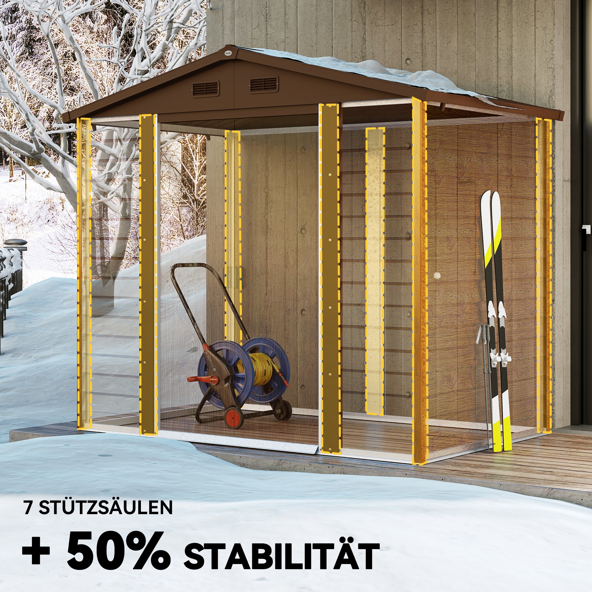 Outsunny Tuinschuur, gereedschapsschuur, tuinhuis met ramen, weerbestendig, houtlook, staal, 152 x 235,7 x 208,7 cm, Bruin