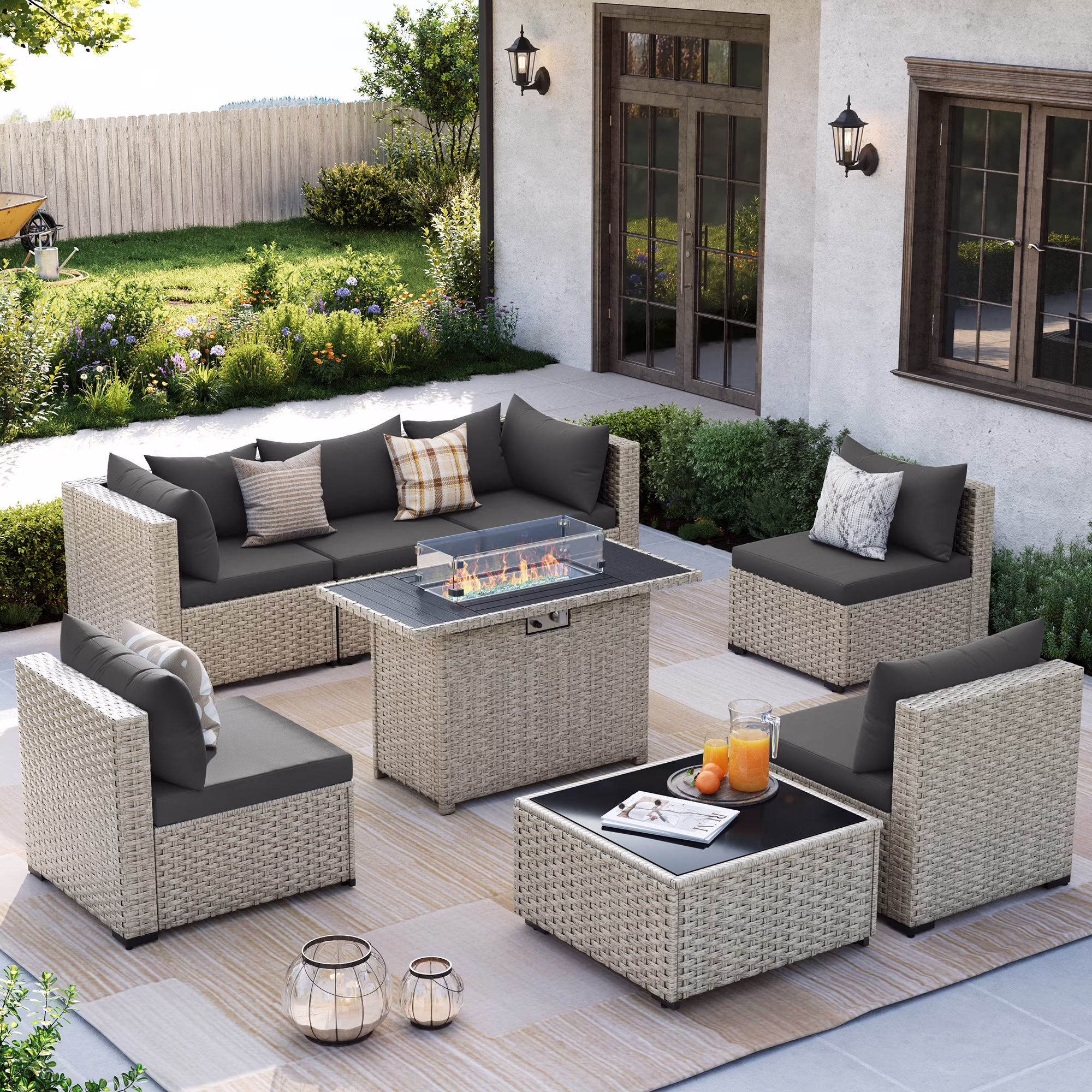 MRUAKA 8 Pieces Patio Furniture Set with Fire Pit Table, Outdoor Furniture Sectional Rattan Sofa with Slanted Back, Patio Couch with Glass Coffee Table for Backyard Garden (Dark Grey)