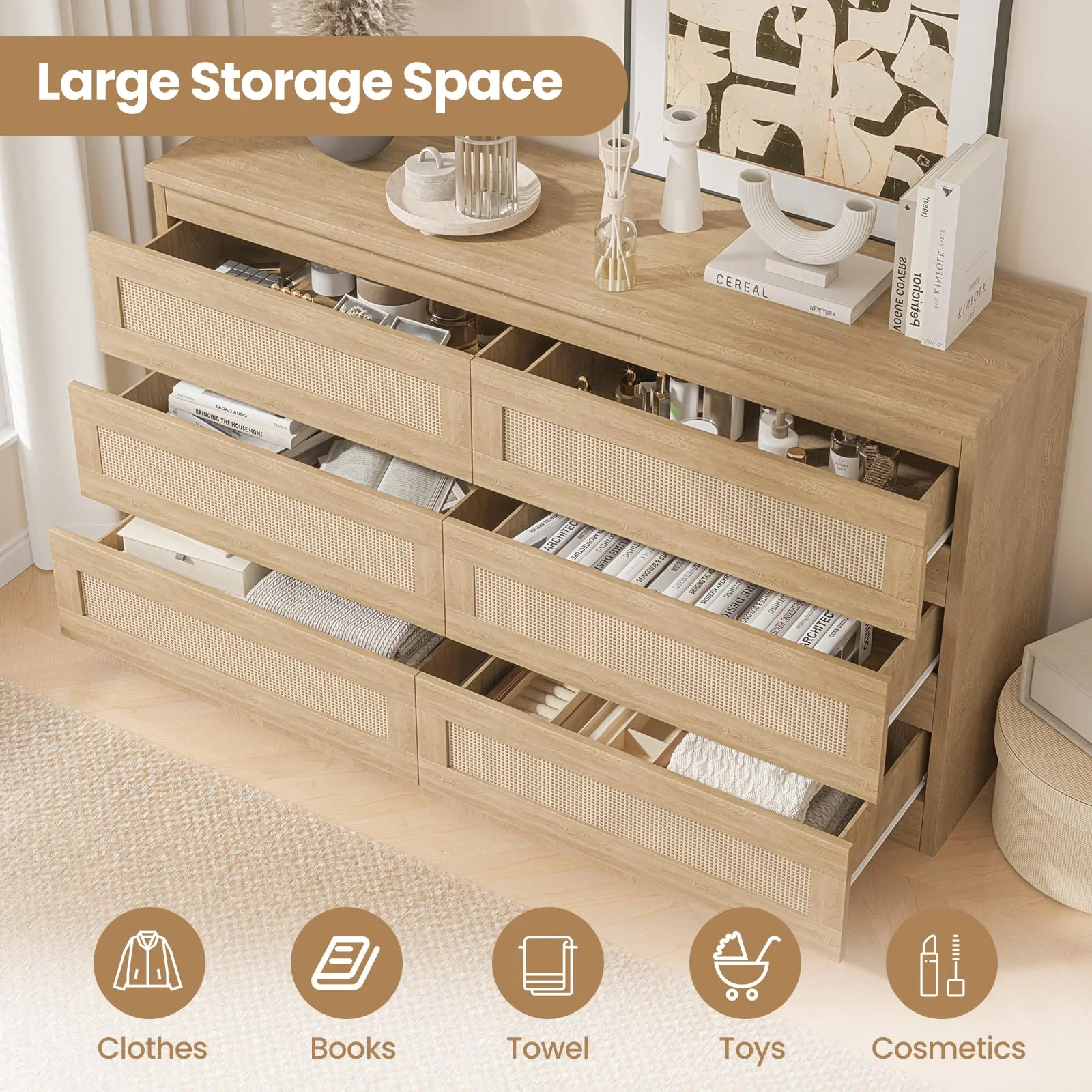 Rattan Dresser for Bedroom 6 Drawer, Double Dresser with Anti-Tip Kit, Wood Storage Wide Chest of Drawers for Bedroom, Living Room, Hallway, Oak Color(6 Drawer/Natural) - Image 3