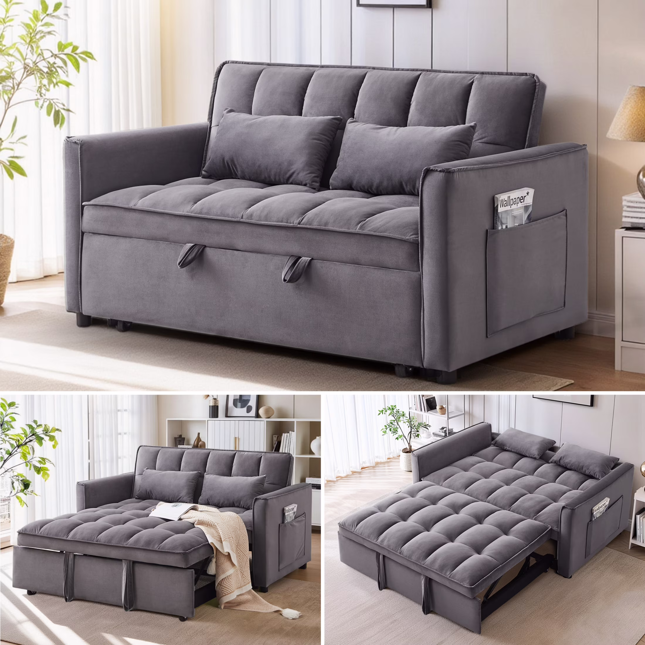 Convertible Sofa Bed, 3 in 1 Pull Out Sleeper Loveseat Couch with Storage, Black(Black) - Image 5