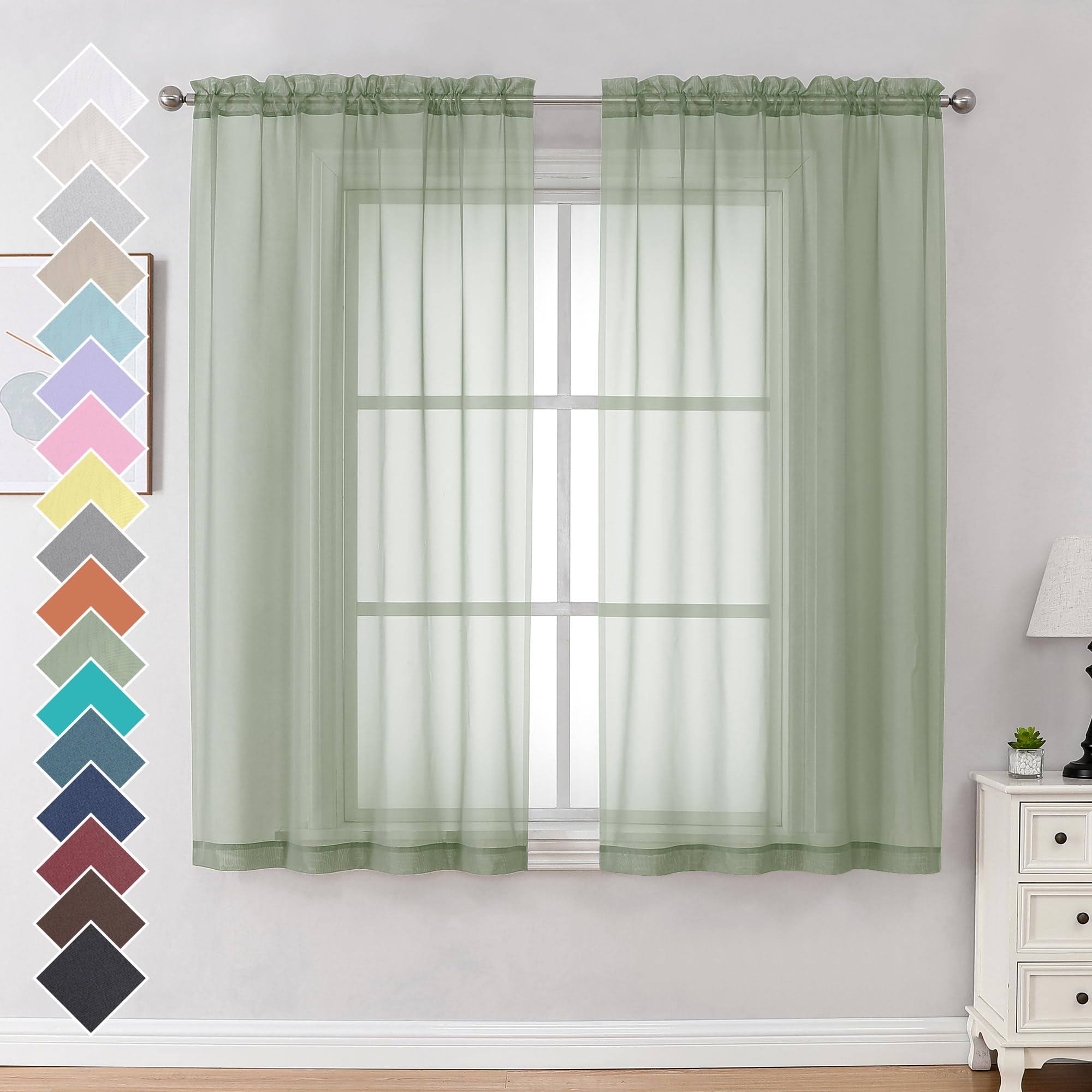 OVZME Light Green Sheer Curtains 63 inch Length 2 Panels Set for Farmhouse/Kitchen Room, Elegant Light Filtering Voile Window Treatments, Each Is