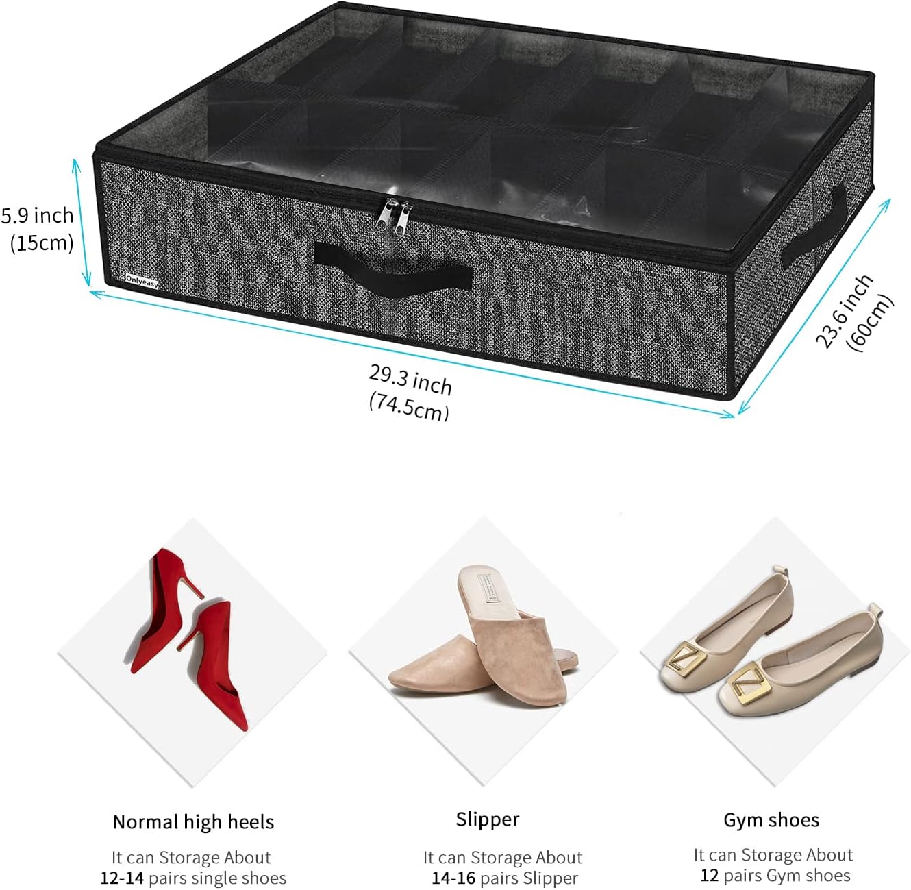 Onlyeasy Sturdy Under Bed Shoe Storage Organizer, Set of 2, Fits 12 to 24 Pairs, Underbed Shoes Closet Storage Solution with Clear Window, Breathable, L29.3 x W23.6 x H5.9, Linen-like Black, MXAUBSB2P