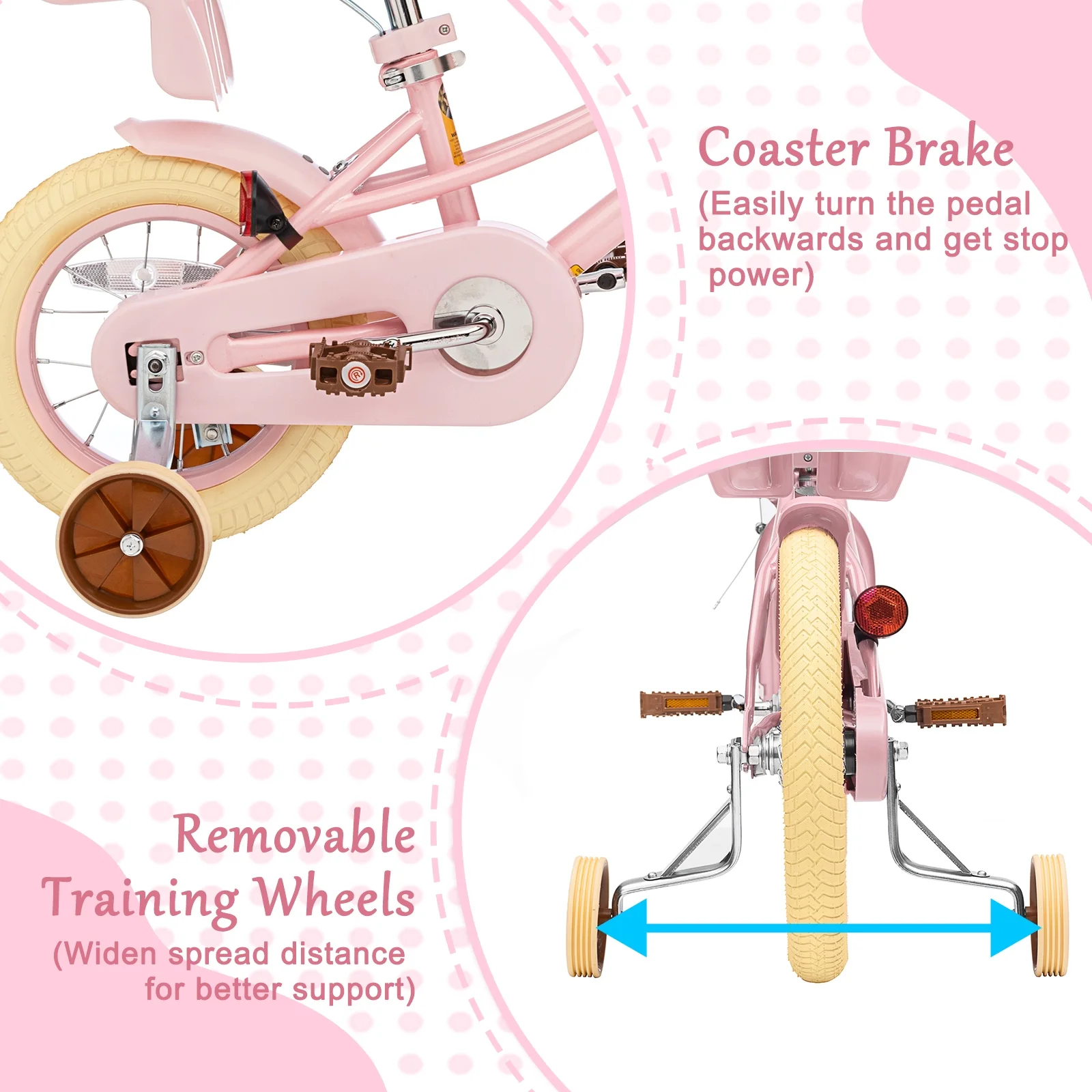 Girls Bike for Toddlers and Kids Ages 2-12 Years Old,12 14 16 Inch Kids Bike with Training Wheels Basket, 20 Inch Girls Bicycle with Handbrake Kickstand(Pink/14") - Image 6