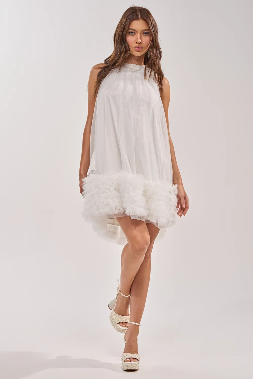 ARI TULLE RUFFLE MINI DRESS IN WHITE - Akira Store