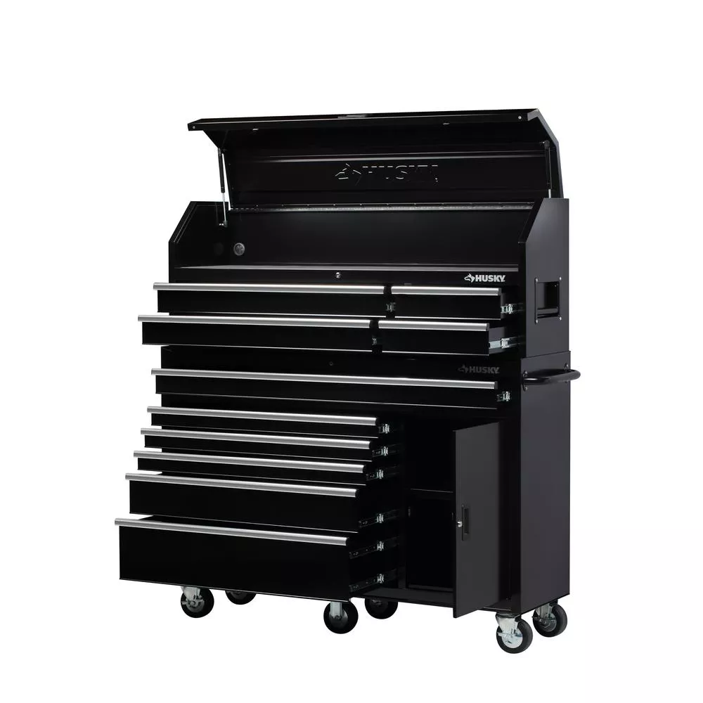 Coffre à outils et armoire à roulettes combinés, 10 tiroirs et 1 porte, 155 cm de largeur, noir brillant