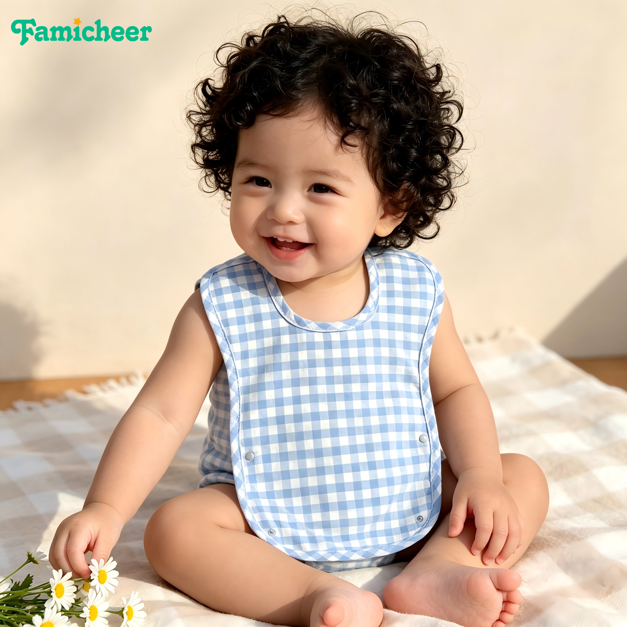 Waterproof Coated Fabric Infant Bib Gingham Plaid Sleeveless Design Detachable Crumb Catcher Baby Bib for Baby Self Feeding Time