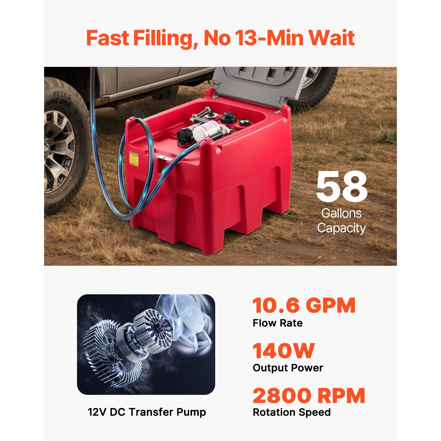 Portable Diesel Tank, 58-Gallon Capacity with 10 GPM Flow Rate, Fuel Tank Featuring 12V Electric Pump and 13.1ft Rubber Hose, Durable PE Construction for Convenient Fuel Transport, Red - Image 3