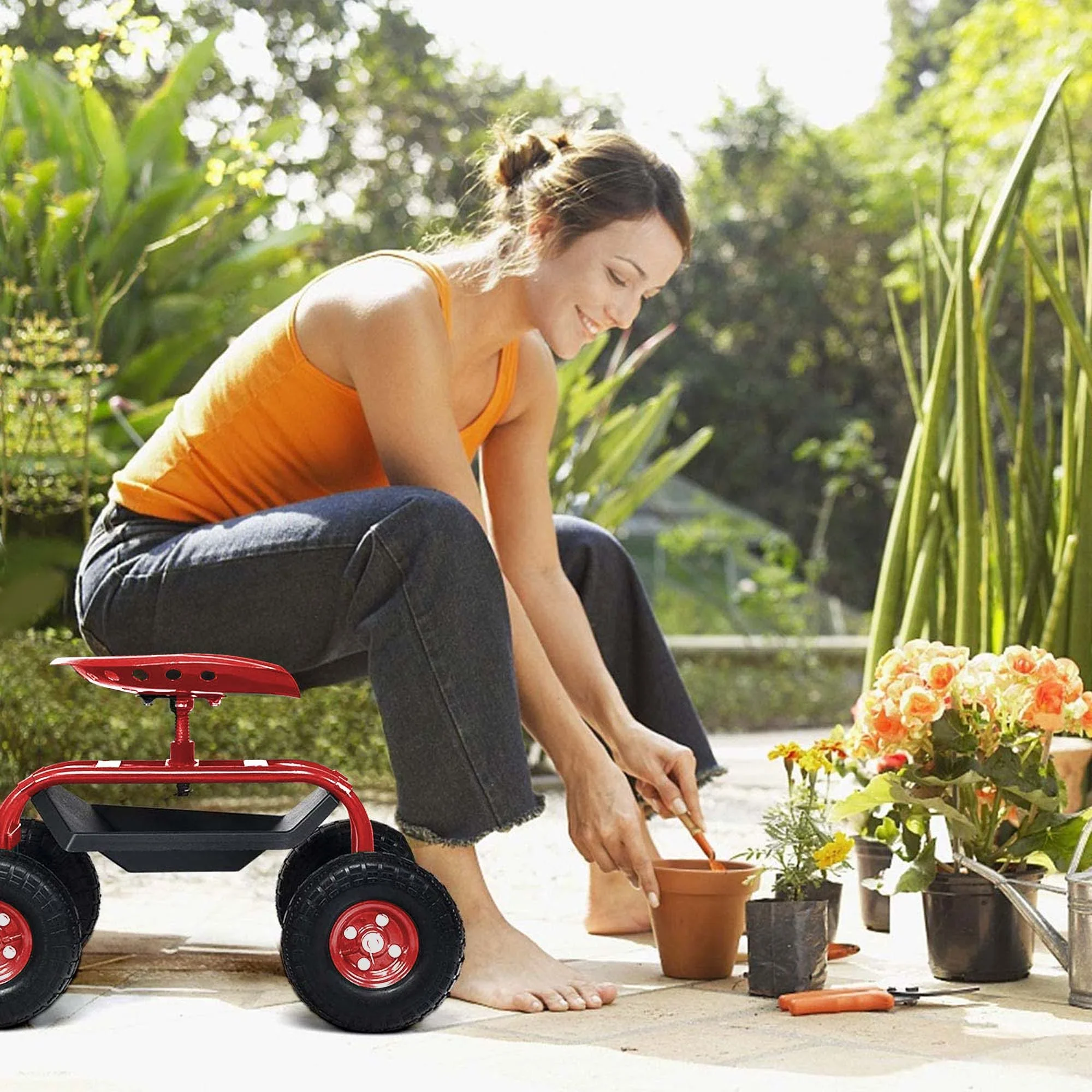 Aukfa Rolling Garden Cart Scooter with Swivel Seat, Wheels, and Tool Tray - Red