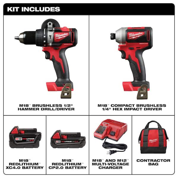 M18 18V Lithium Ion Brushless Cordless Hammer Drill/Impact Combo Kit (2 Tool) with 2 Batteries, Charger and Bag Image 3