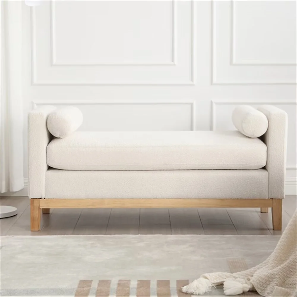 End of Bed Bench, 53.5" Boucle Fabric Upholstered Entryway Bench with Wood Legs Bolster Pillows, Rolled Arm Cushioned Ottoman Foot Rest Long Stool Window Extra Seating for Bedroom, Ivory(Ivory) - Image 2