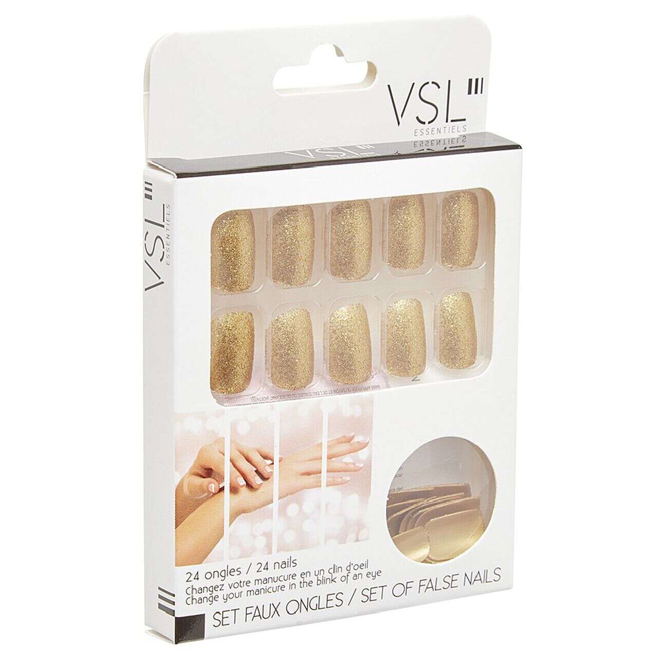 Kit faux ongles pailletés dorés 24 pièces