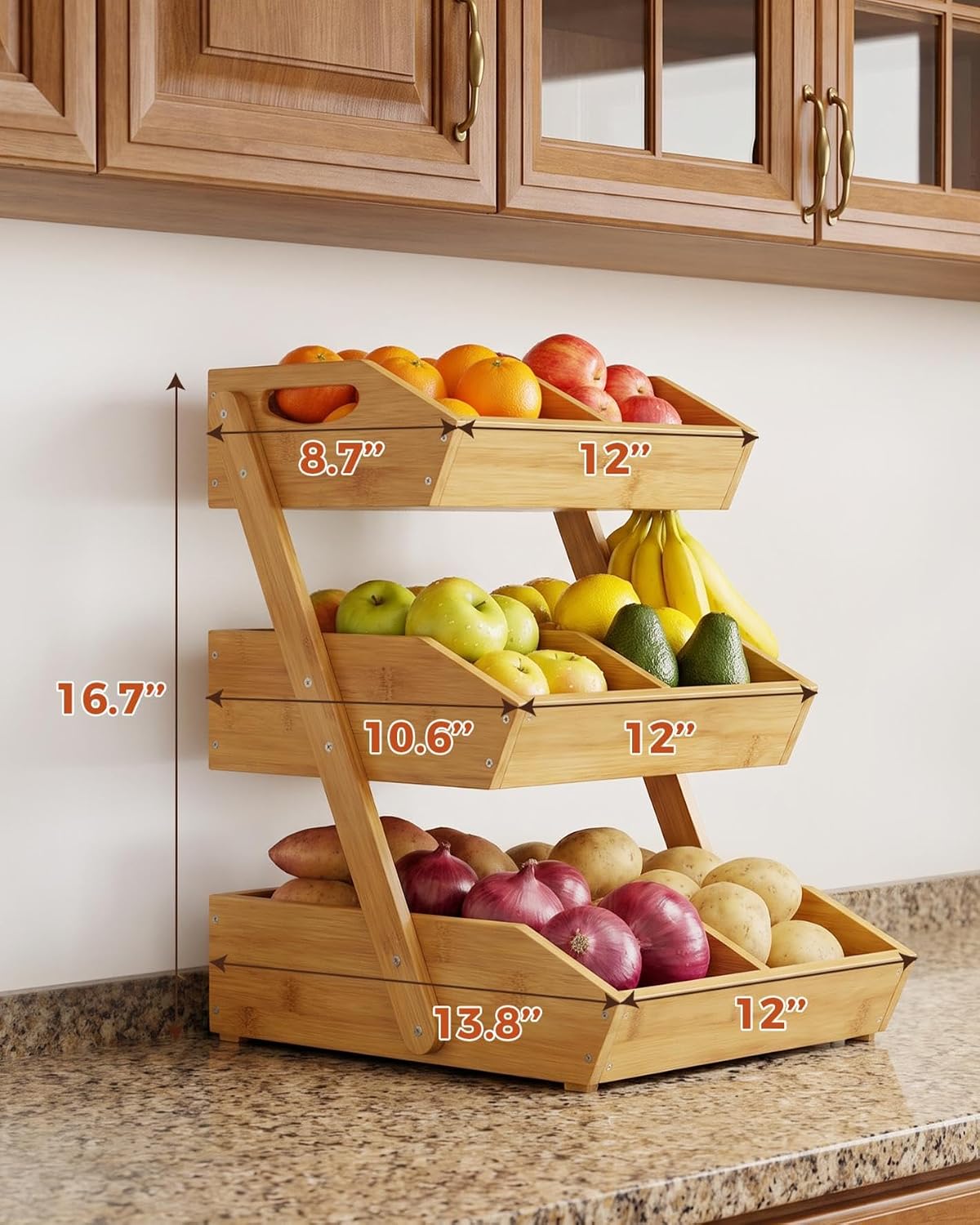 Sevenblue 3-Tier Bamboo Fruit Basket with 2 Banana Holders