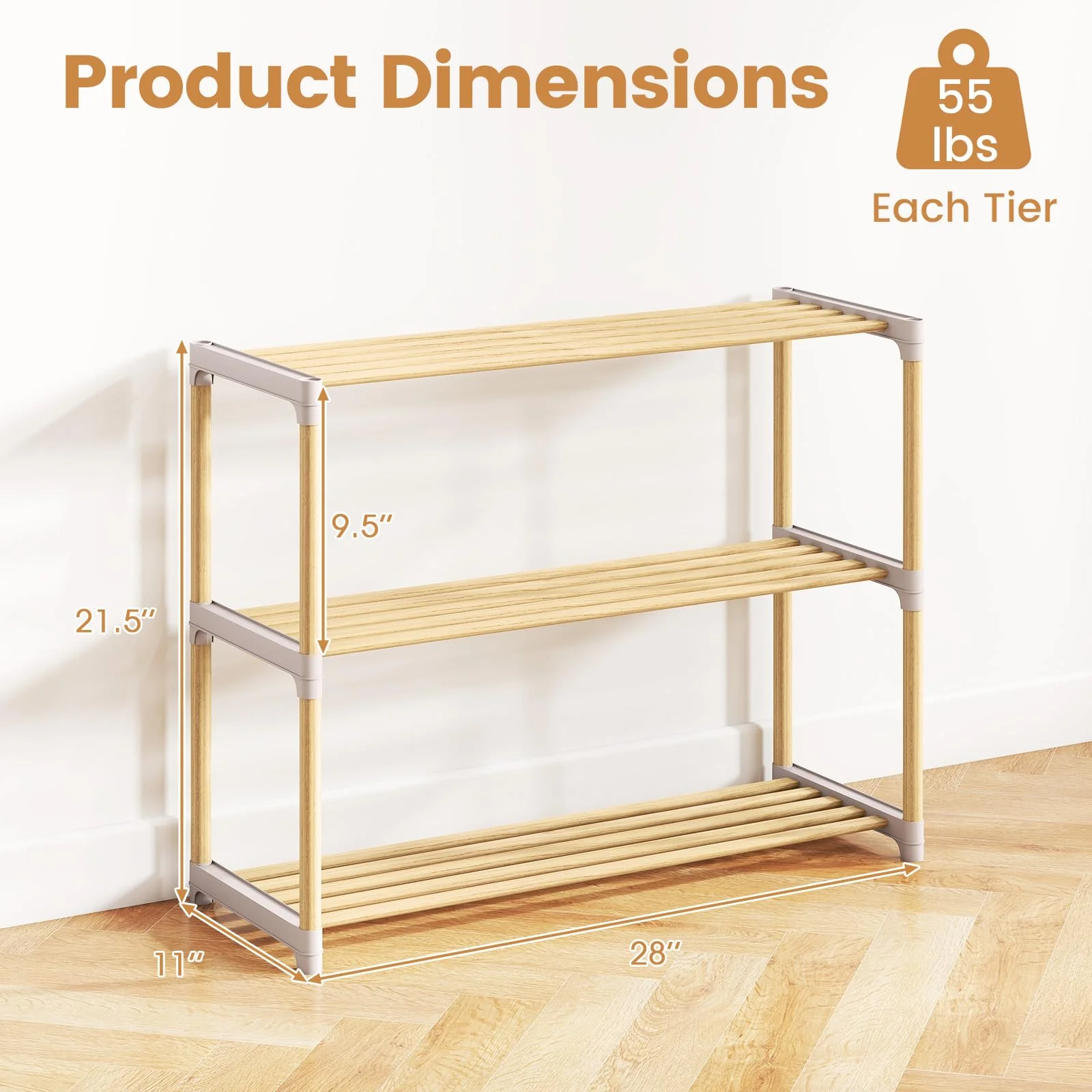 Tangkula 3-Tier Solid Wood Shoe Rack
