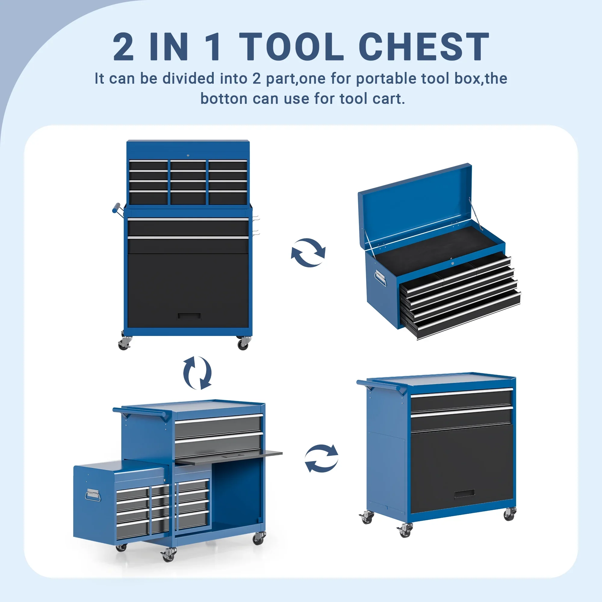 NETAJE Metal Tool Chest, 2 in 1 Steel Rolling Tool Box & Cabinet On Wheels for Garage, Detachable Top Tool Box and Lockable Wheels Metal Tool Cart for Garage, 5-Drawer, Black