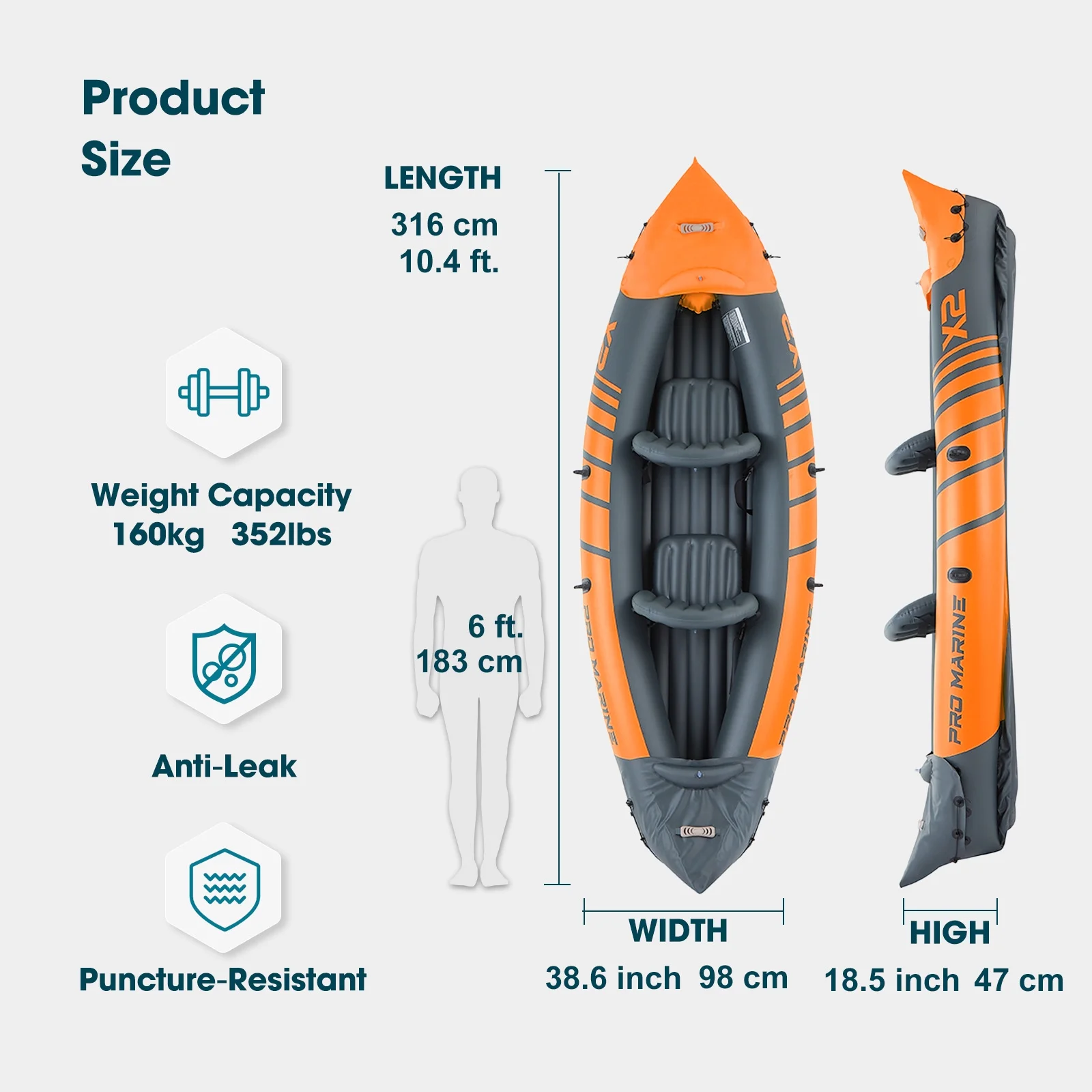 2 Person Inflatable Kayak Set Foldable Paddle Boat with Adjustable Seat, Foot Pump, Yellow(Yellow) - Image 9
