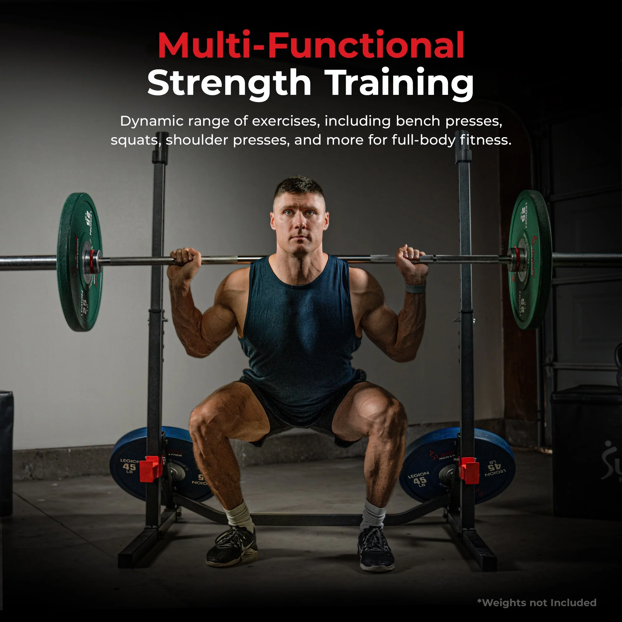Sunny Health & Fitness Adjustable Bench Press Squat & Weight Rack, Shoulder Press, Incline Bench Lift, Dumbbell Rows, Deadlifts - SF - XF922011