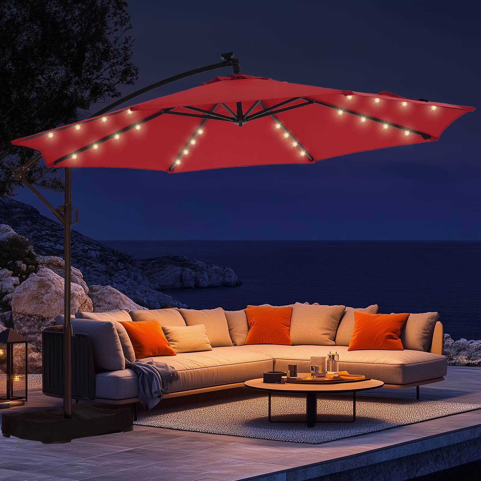 10ft Patio Umbrellas Offset��Outdoor Umbrella Cantilever Hanging Umbrellas with Infinite Tilt,Fade Resistant Waterproof Fabric & Base,for Yard,Garden,Home,Pool & Deck,Red