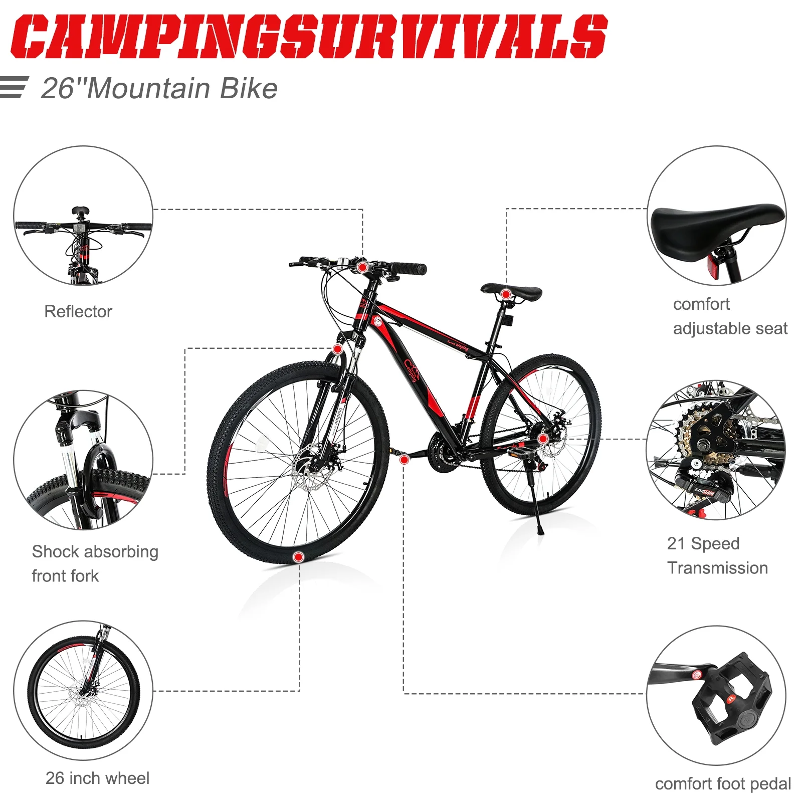 26 Inch 21 Speed Explorer Red Black Mountain Bike - Image 4