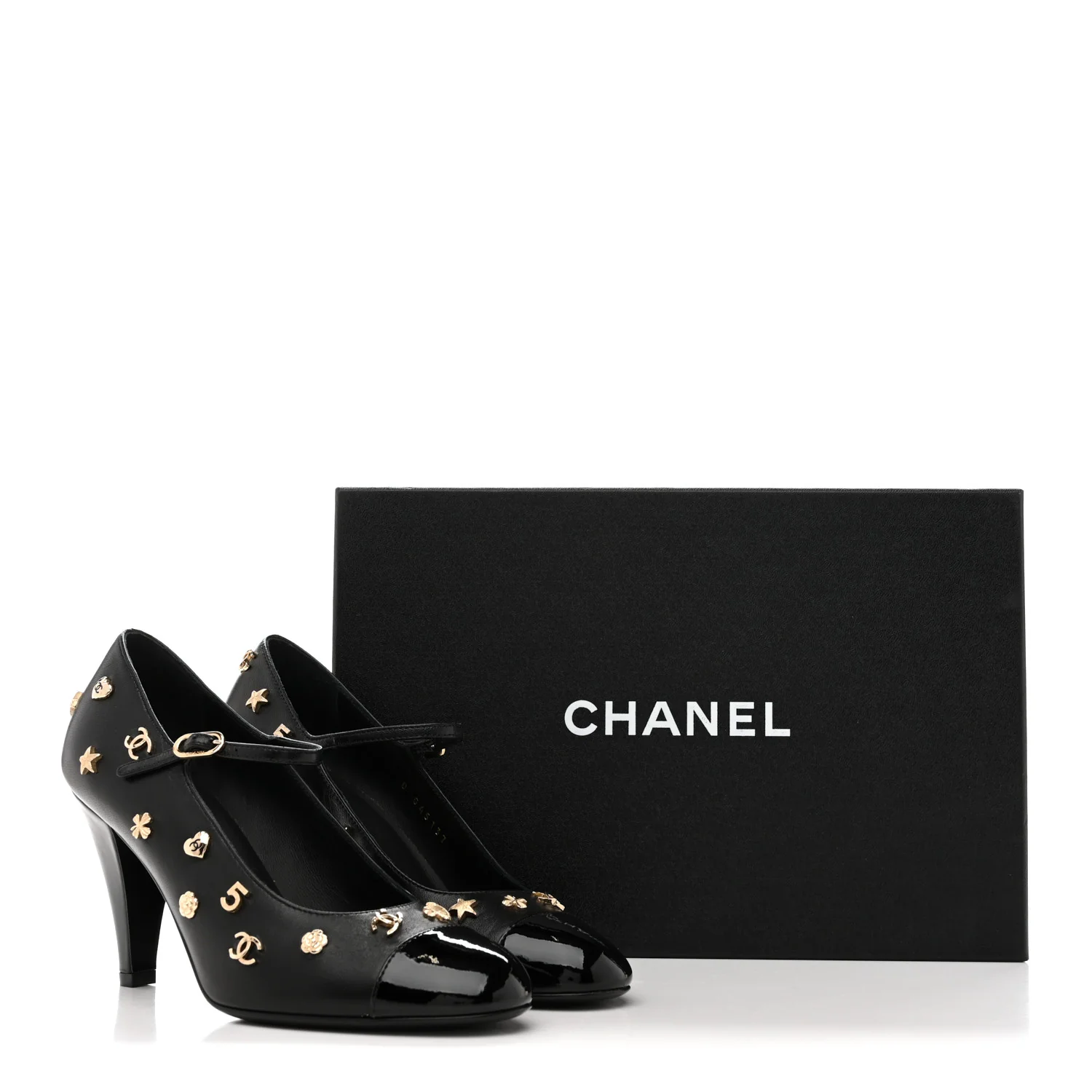 Lambskin Patent Cap Toe Charms Mary Jane Pumps 36.5 Black