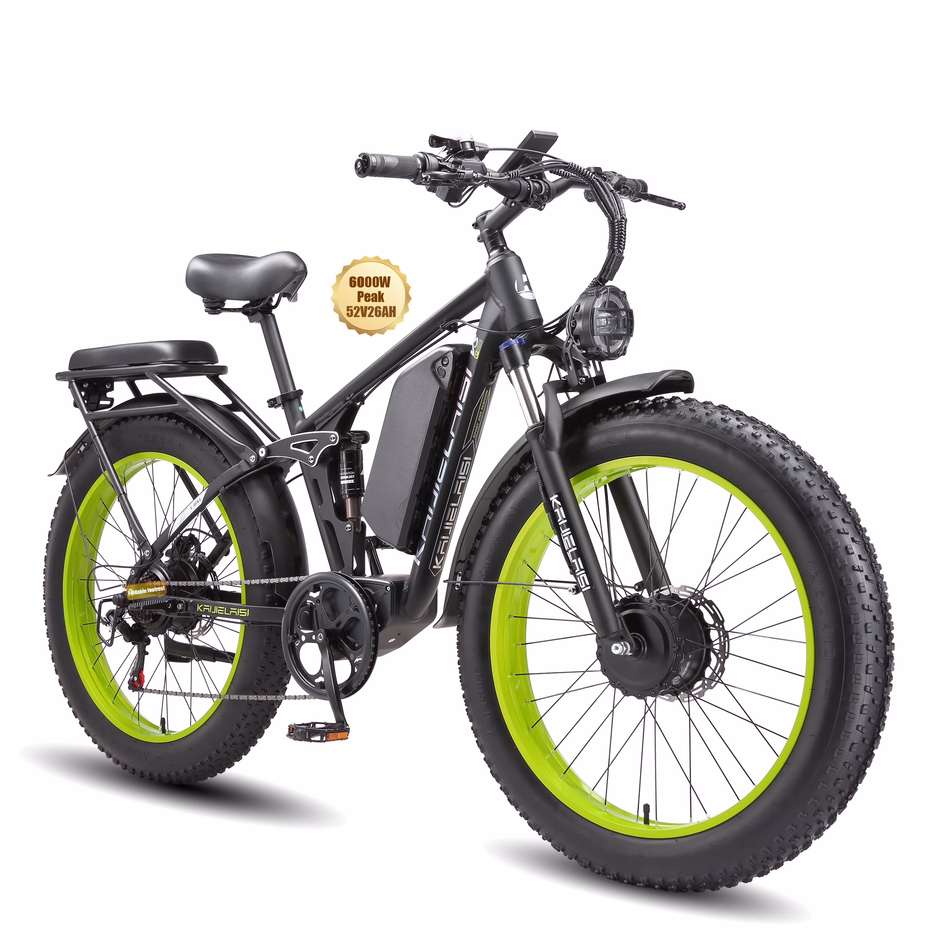 Electric Bike for Adults,AWD Ebikes Dual Motor Peak 6000W, 26'' Fat Tire bikes with 52V 26AH Battery Hydraulic Brake ​​Electric Bicycle, 7 Speed Mountain EBike UL 2849.(Green)
