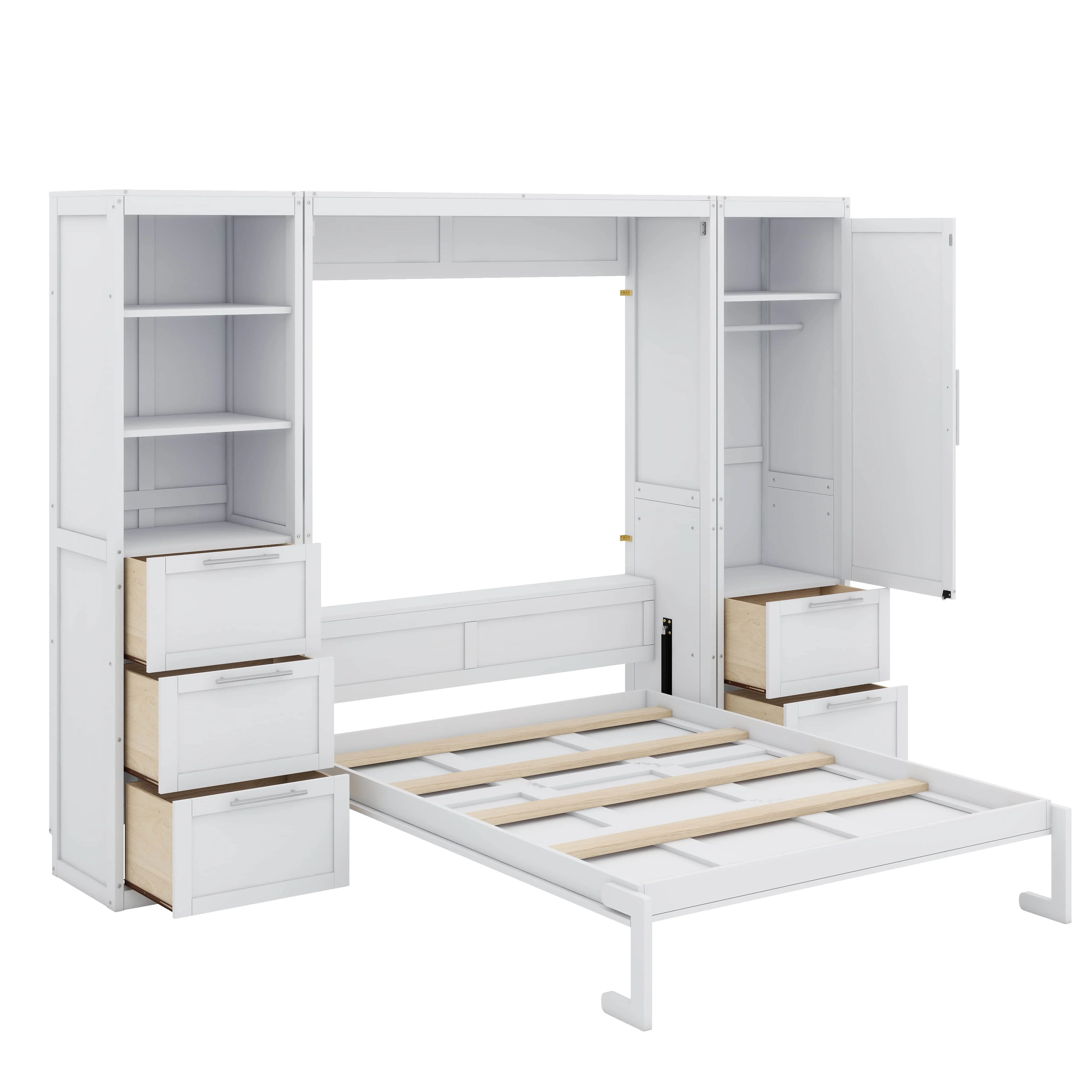 Queen Size Gray Murphy Bed Wall Bed with Closet,Drawers and Shelves(White) - Image 6