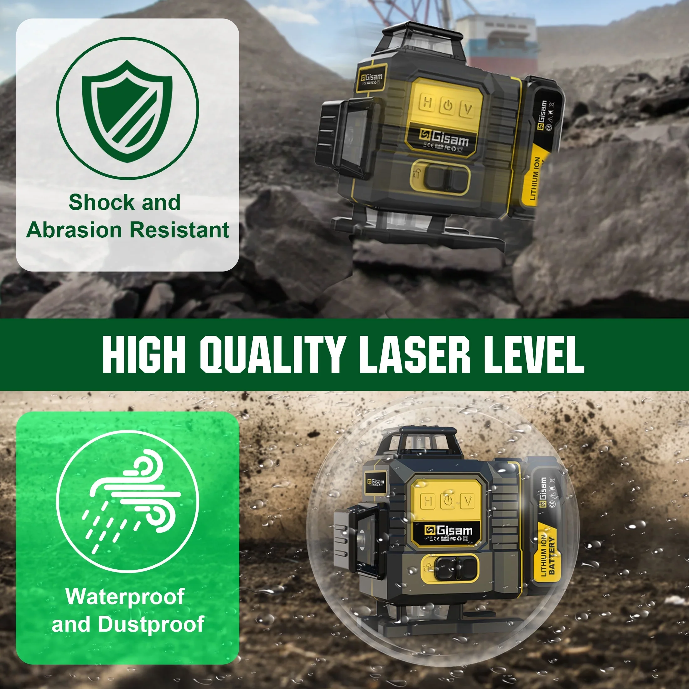 Gisam Laser Level with Tripod , 4x360�� Self-Leveling Green Cross Line 4D Laser Tool with Remote Control & 2* 4800mAh Battery
