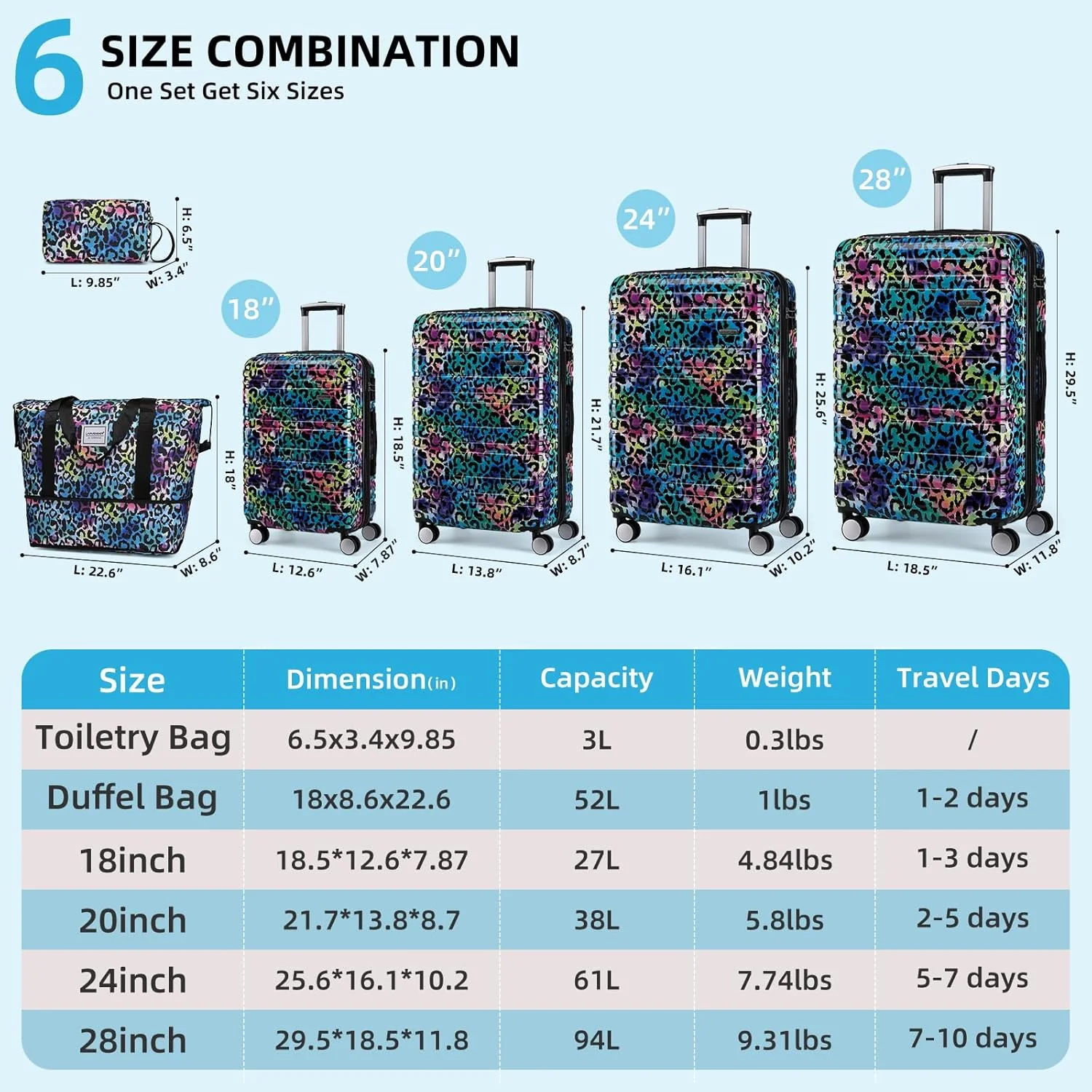 Ensemble de 6 valises, ensemble de valises rigides extensibles avec roulettes multidirectionnelles, ensemble de bagages à roulettes légers