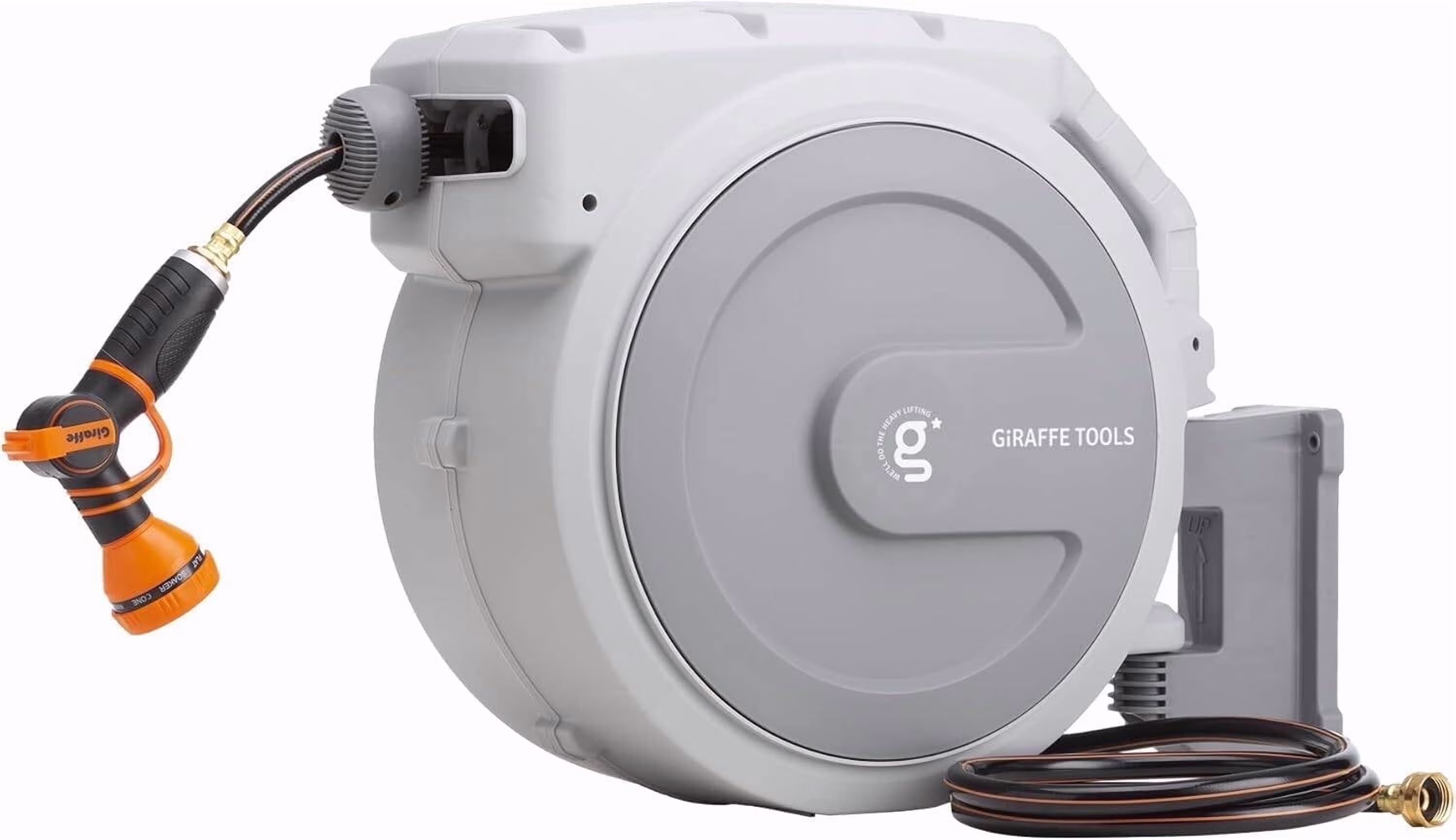 Giraffe Tools Retractable Garden Hose Reel with 1/2in-100ft Water Hose, Plastic Bracket, Wall Mounted, Dark Grey