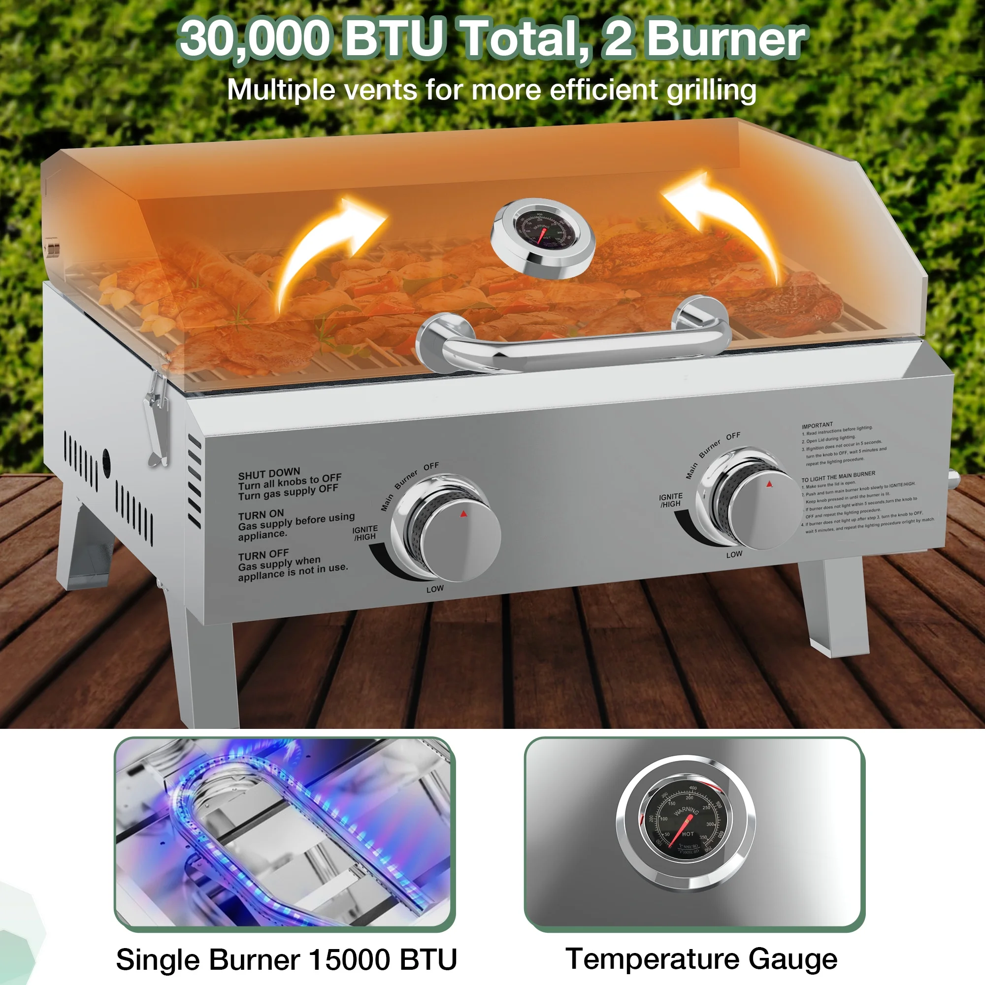 Propane Gas Grills, 30,000BTU Portable Gas Grill for Outdoor Camping BBQ Picnics Tailgating, 2 Burners, Stainless Steel Sliver(Sliver) - Image 4