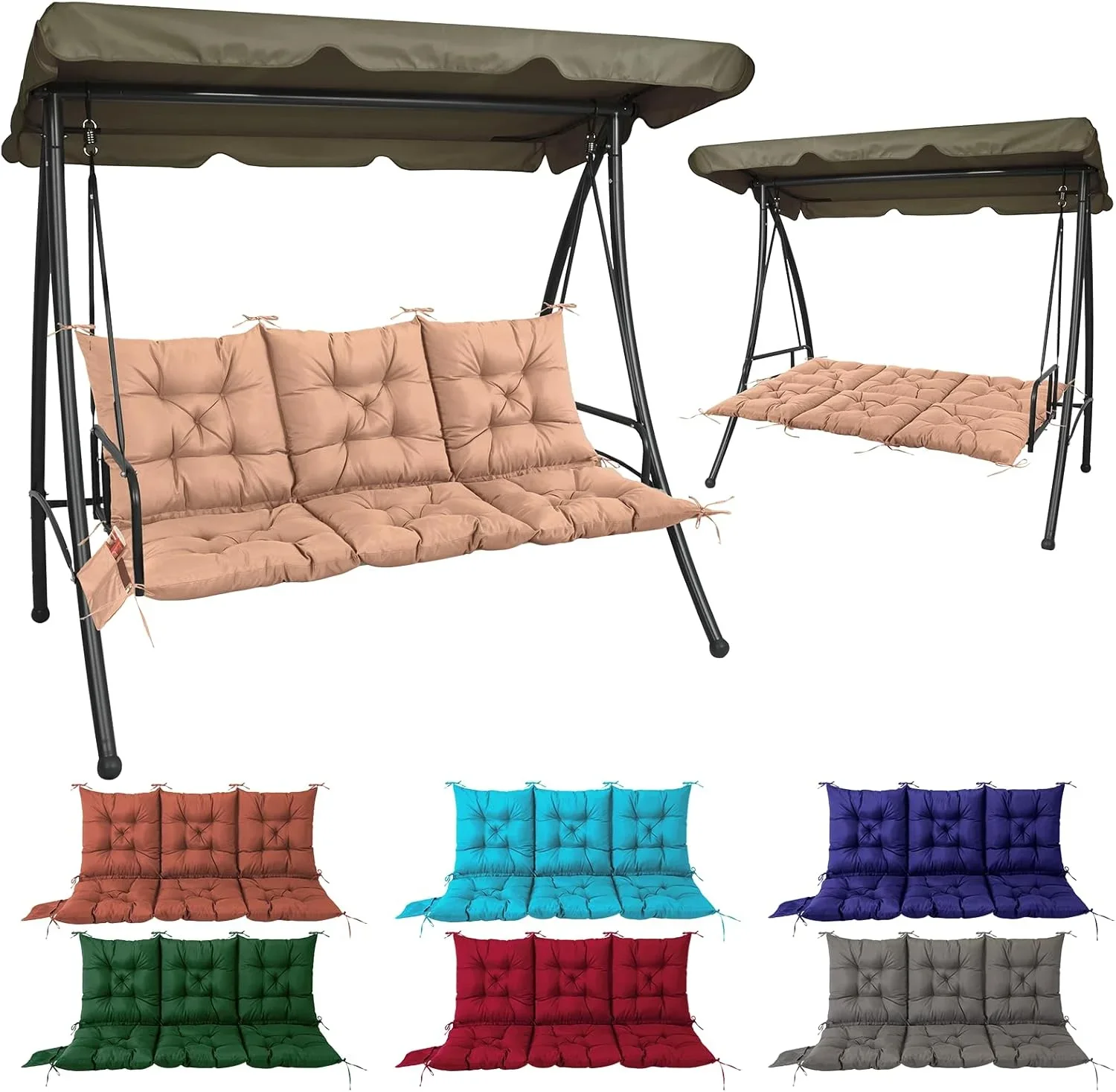 NACATIN 3 Seat Cushion for Outdoor Swing - 60x40 inches, 4 Thick Porch Swing Cushions with Ties and Storage Bag, Waterproof Bench Replacement Cushions for Patio, Outdoor, Backyard and Garden (Khaki)
