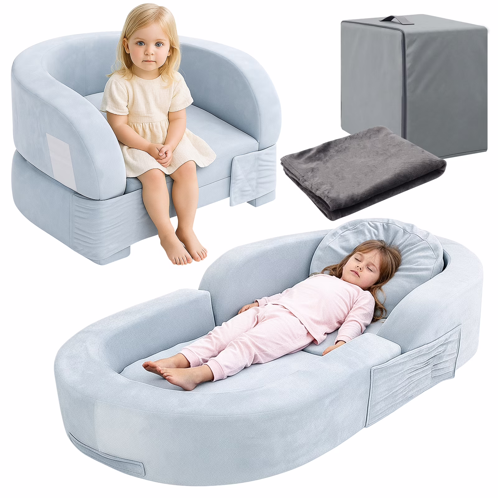Toddler Travel Bed 2-in-1 Kids Sofa Chair with Removable Cover, Soft Foam Portable Foldable Toddler Bed for Travel with Carrying Bag, Blue(Blue)